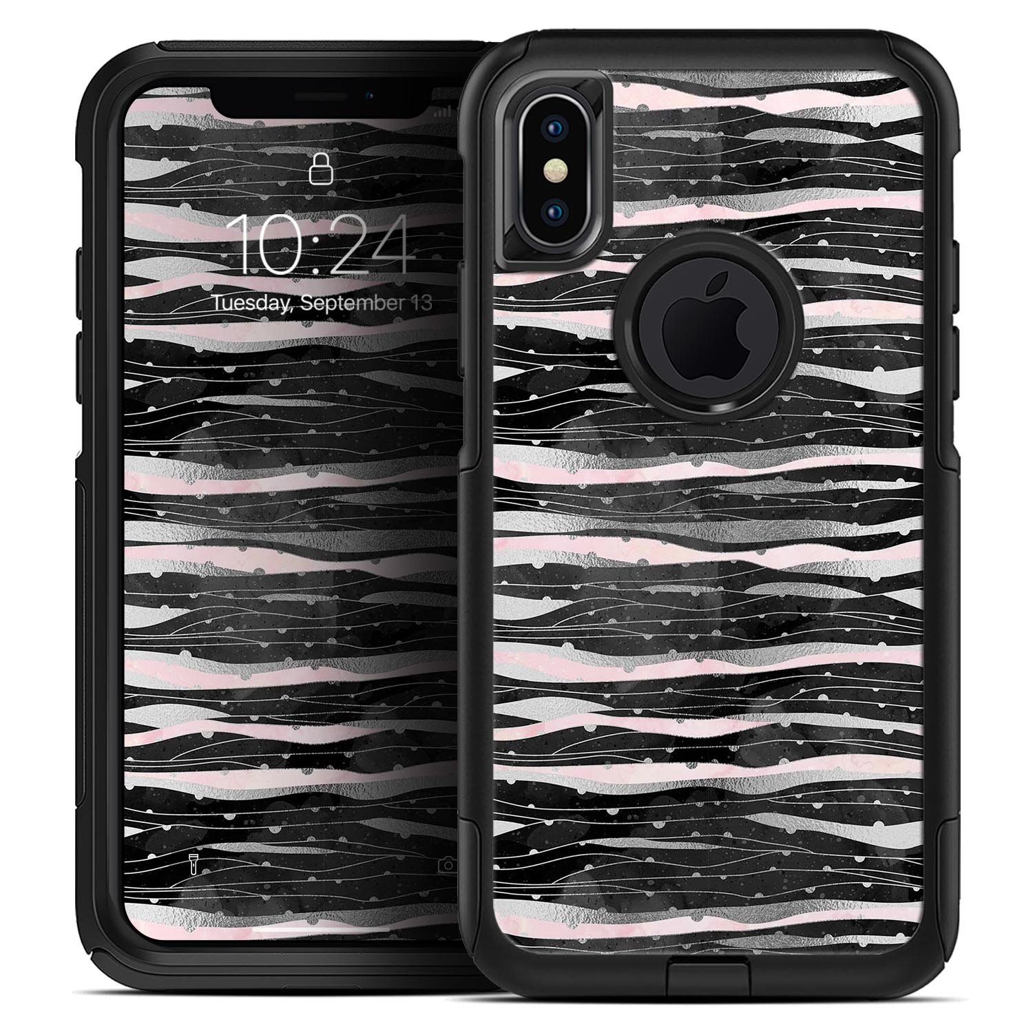Karamfila Silver & Pink Marble V5 Skin Kit for iPhone OtterBox, showcasing a stylish marble design with dual-layer protection.