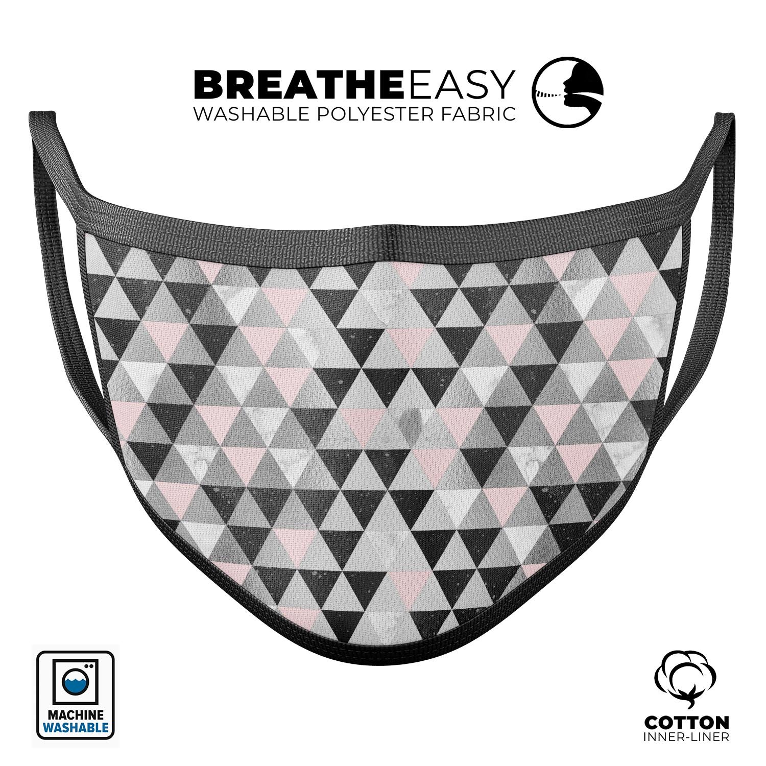 Karamfila Silver & Pink Marble V6 mouth cover, showcasing a stylish design with adjustable ear loops, made in the USA.