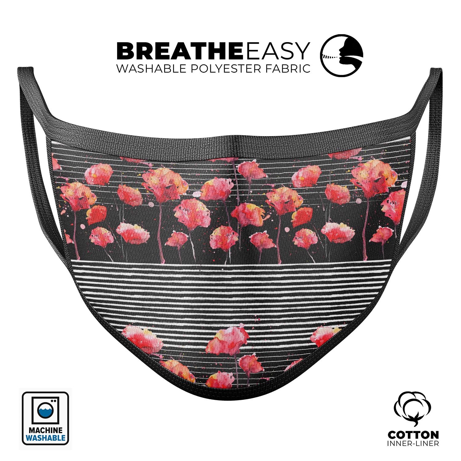 Karamfila Watercolo Poppies V1 mouth cover featuring vibrant poppy designs, made in the USA, showcasing adjustable ear loops.