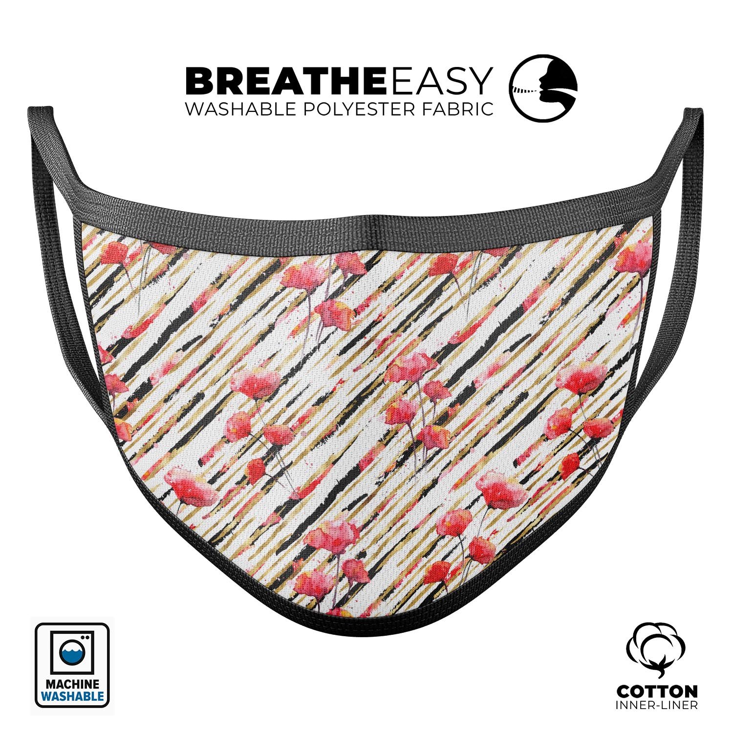 Karamfila Watercolo Poppies V11 unisex mouth cover featuring vibrant poppy design, adjustable ear loops, and soft cotton material.