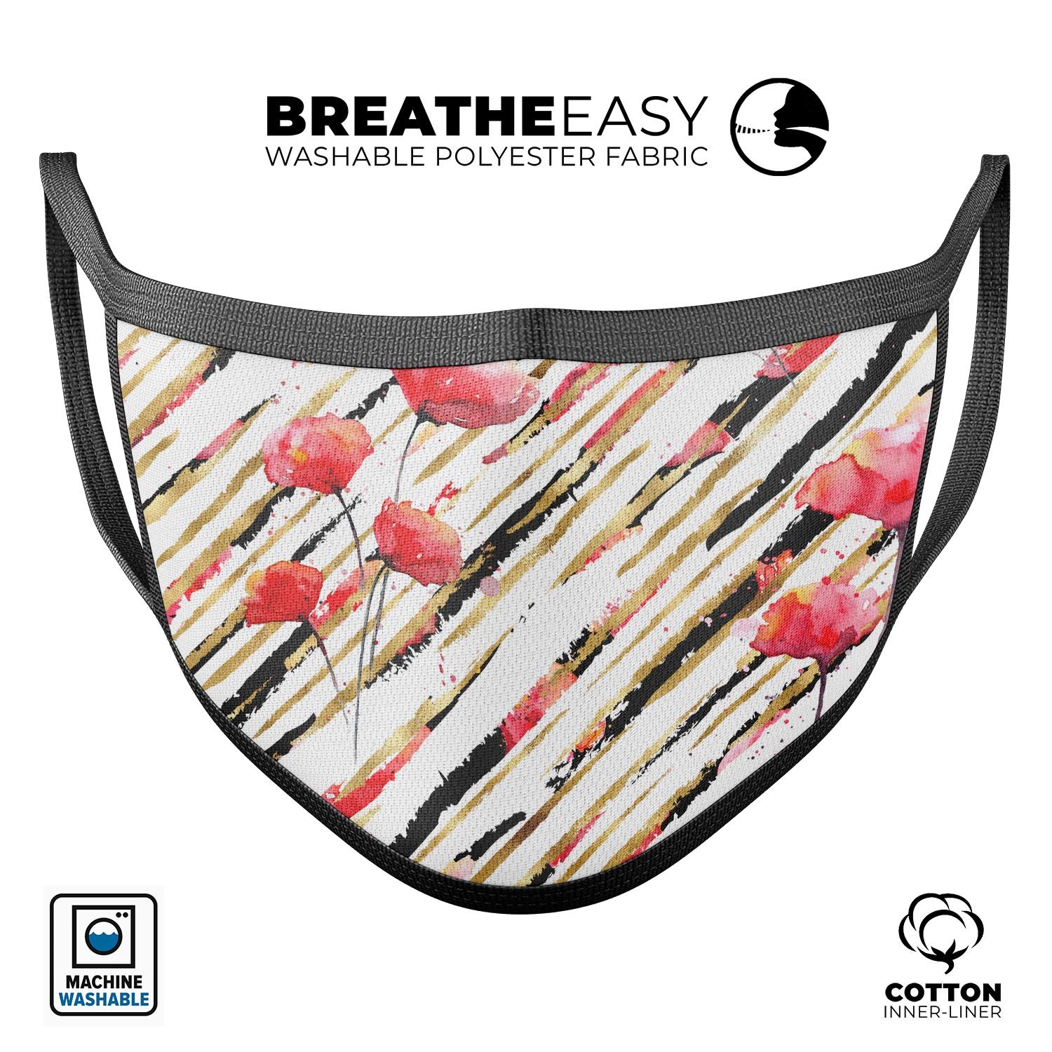 Karamfila Watercolo Poppies V12 unisex mouth cover featuring vibrant poppy design, adjustable ear loops, and soft cotton material.