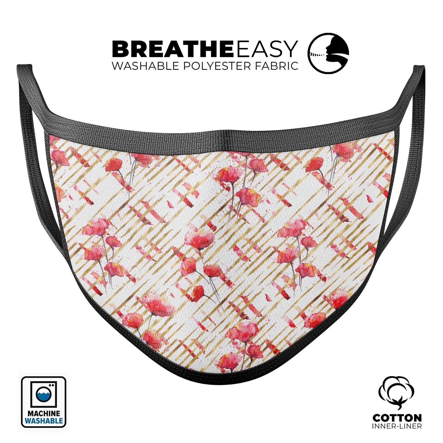 Karamfila Watercolo Poppies V13 face mask featuring vibrant poppy design, adjustable ear loops, and made from soft cotton.