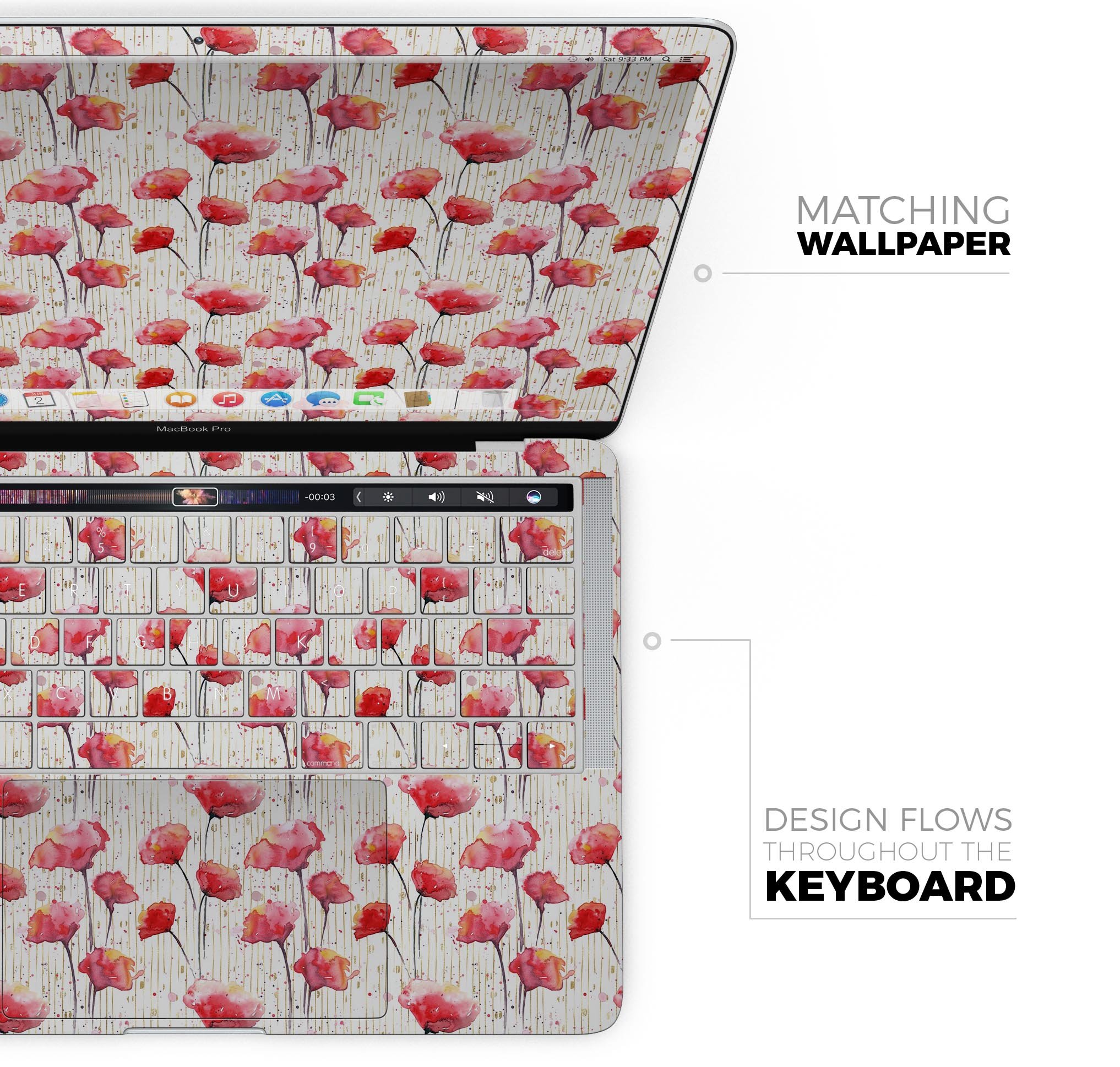 Karamfila Watercolo Poppies V14 skin decal wrap kit for MacBook, featuring vibrant poppy design and premium vinyl material.