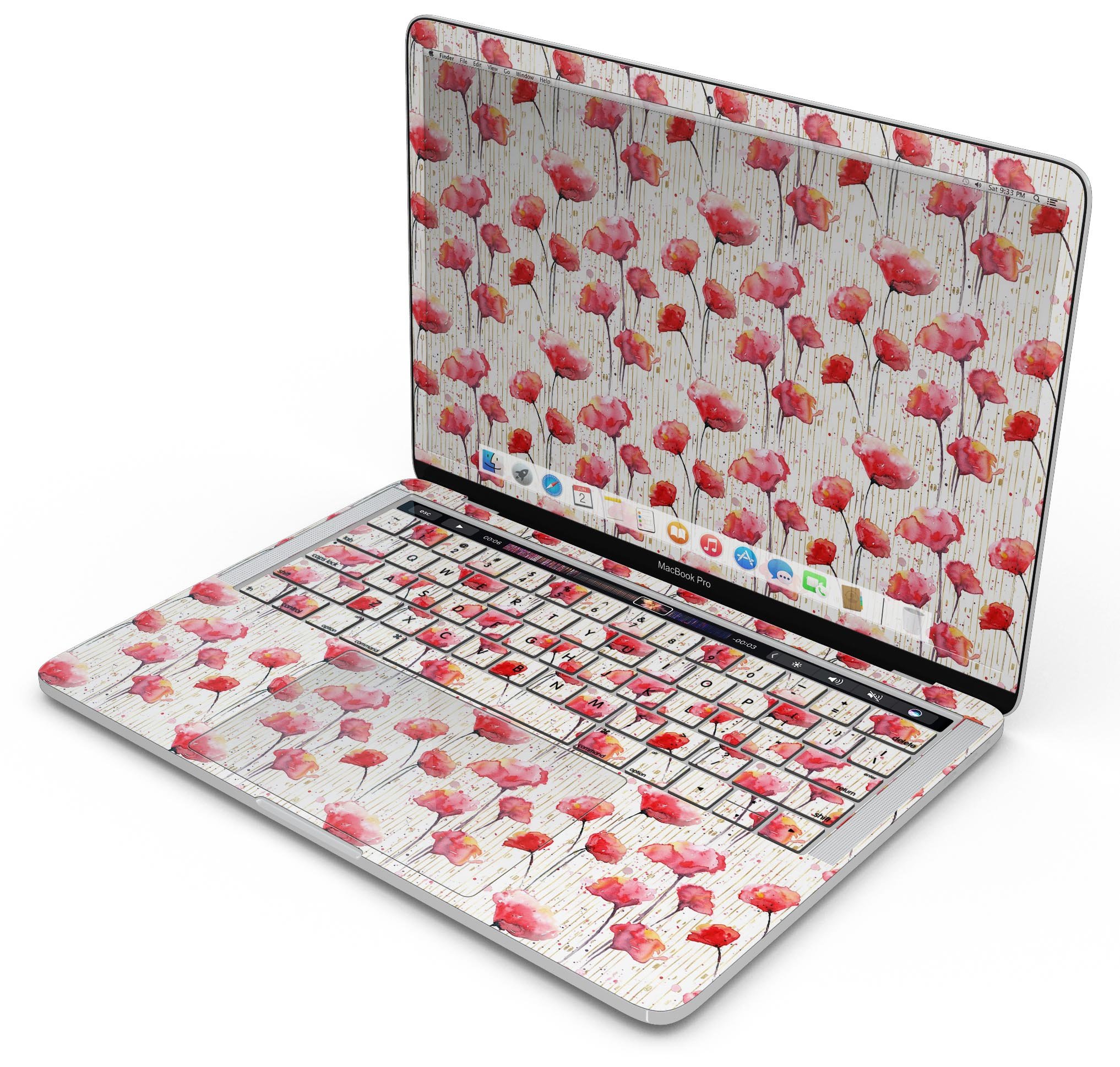 Karamfila Watercolo Poppies V14 skin decal wrap kit for MacBook, featuring vibrant poppy design and premium vinyl material.