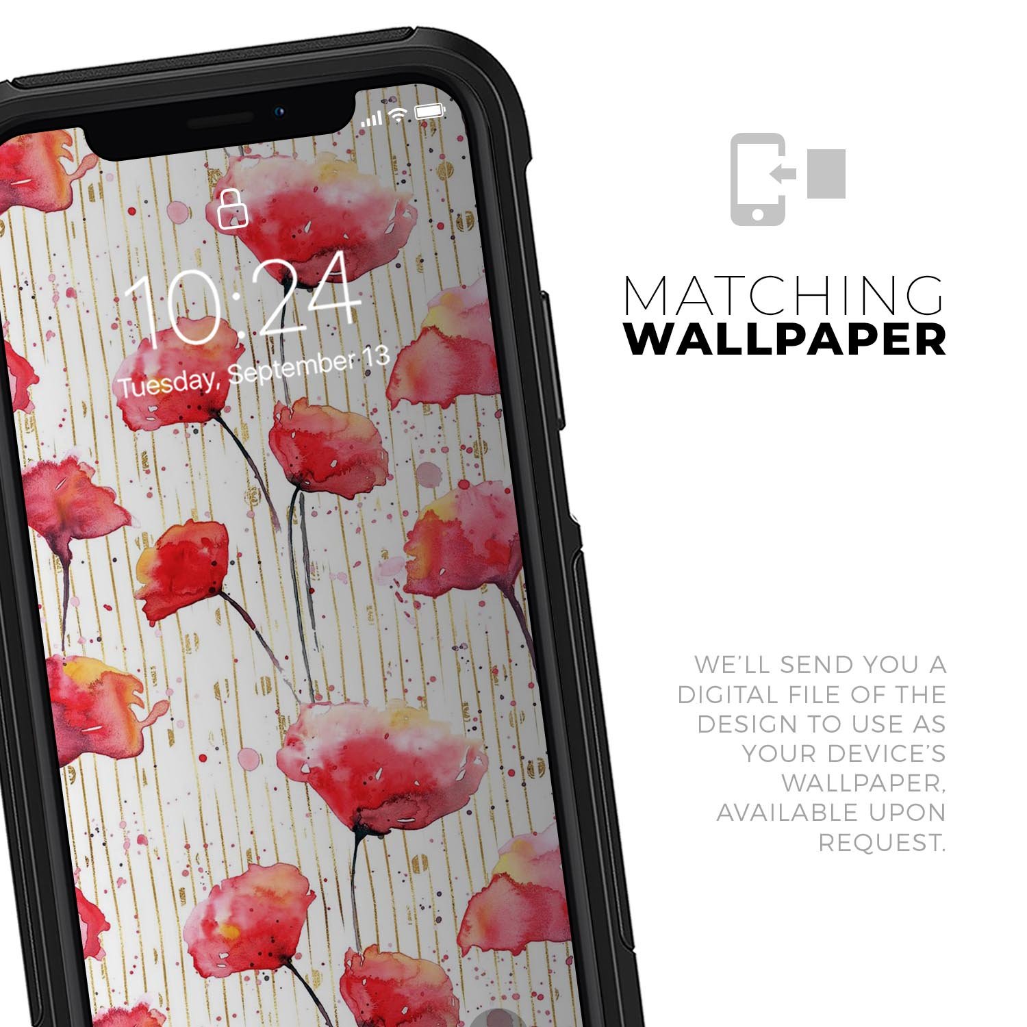Karamfila Watercolo Poppies V15 Skin Kit for iPhone OtterBox, featuring vibrant poppy design and ultra-thin protection.