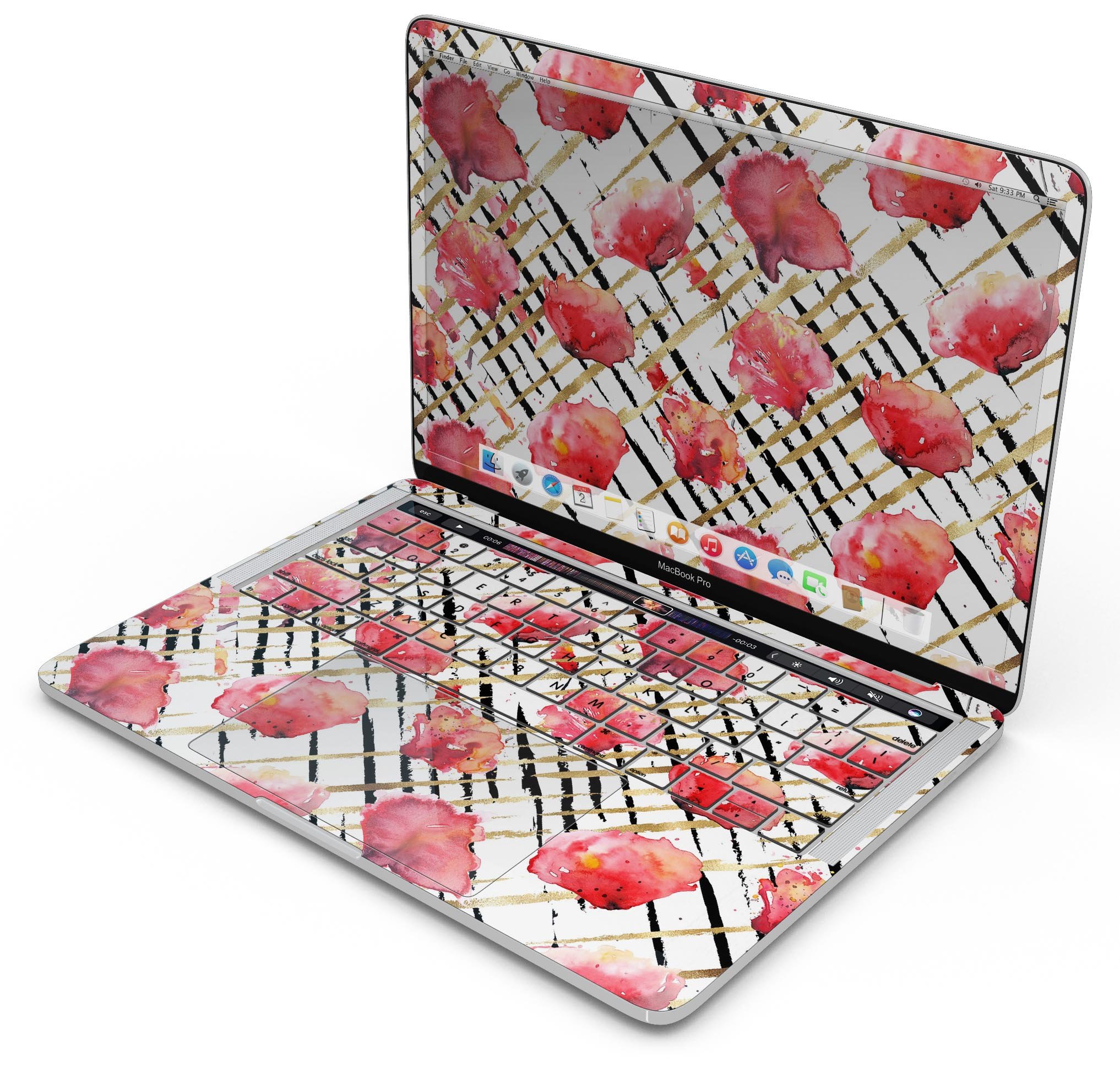 Karamfila Watercolo Poppies V25 skin decal wrap kit for MacBook, showcasing vibrant poppy design on a sleek surface.