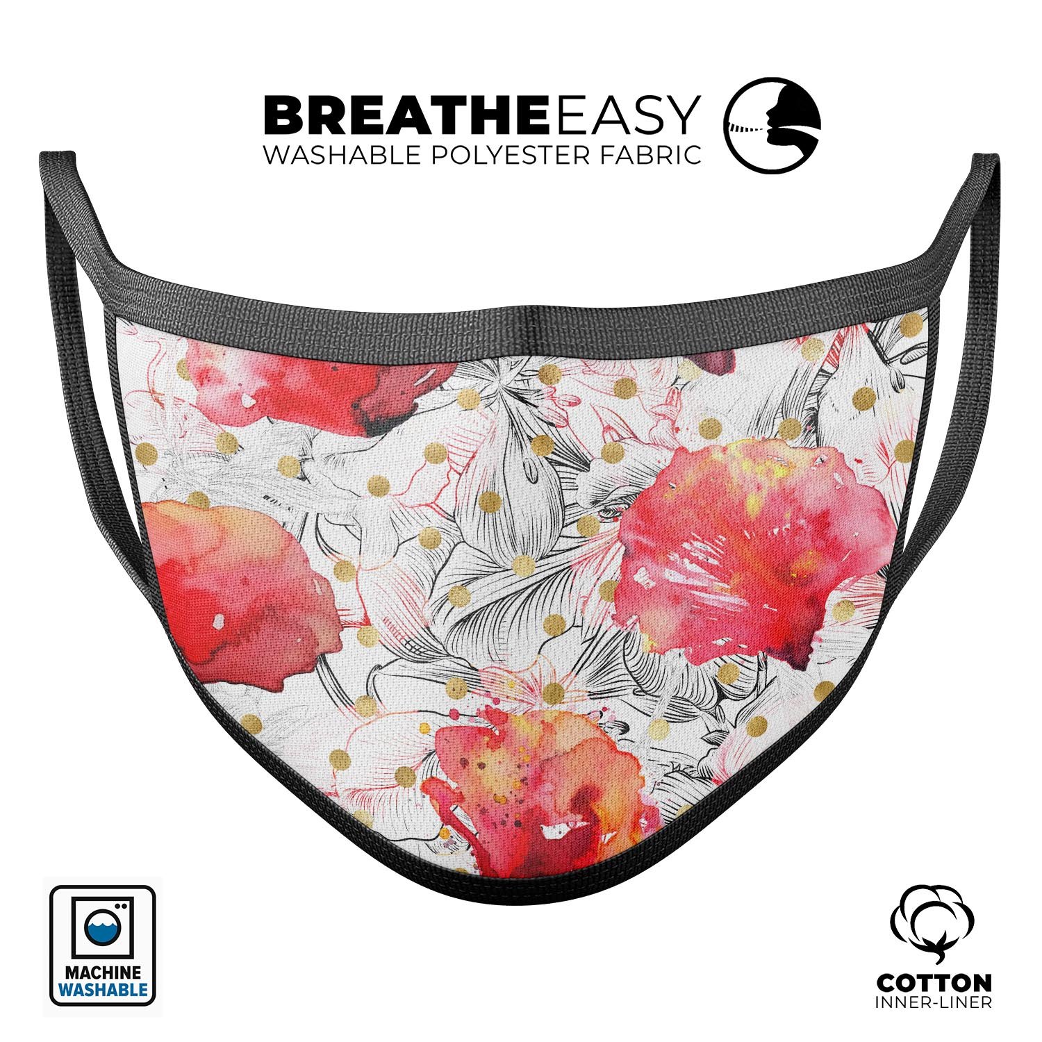 Karamfila Watercolo Poppies V29 mouth cover featuring vibrant poppy design, adjustable ear loops, and soft cotton material.