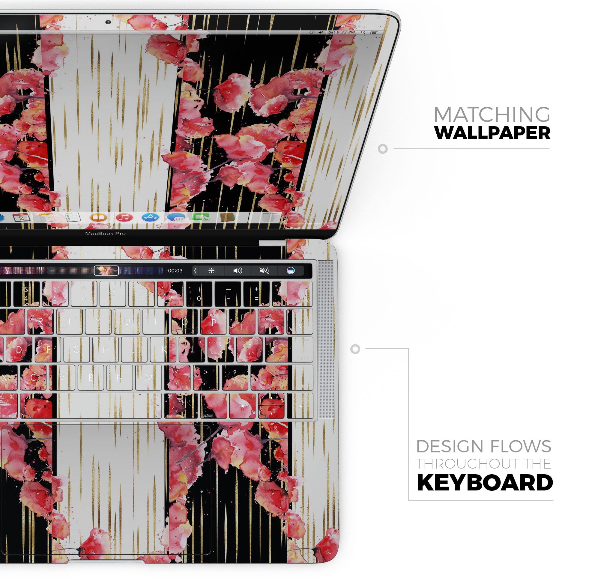 Karamfila Watercolo Poppies V5 skin decal wrap kit for MacBook, showcasing vibrant poppy design on premium vinyl material.