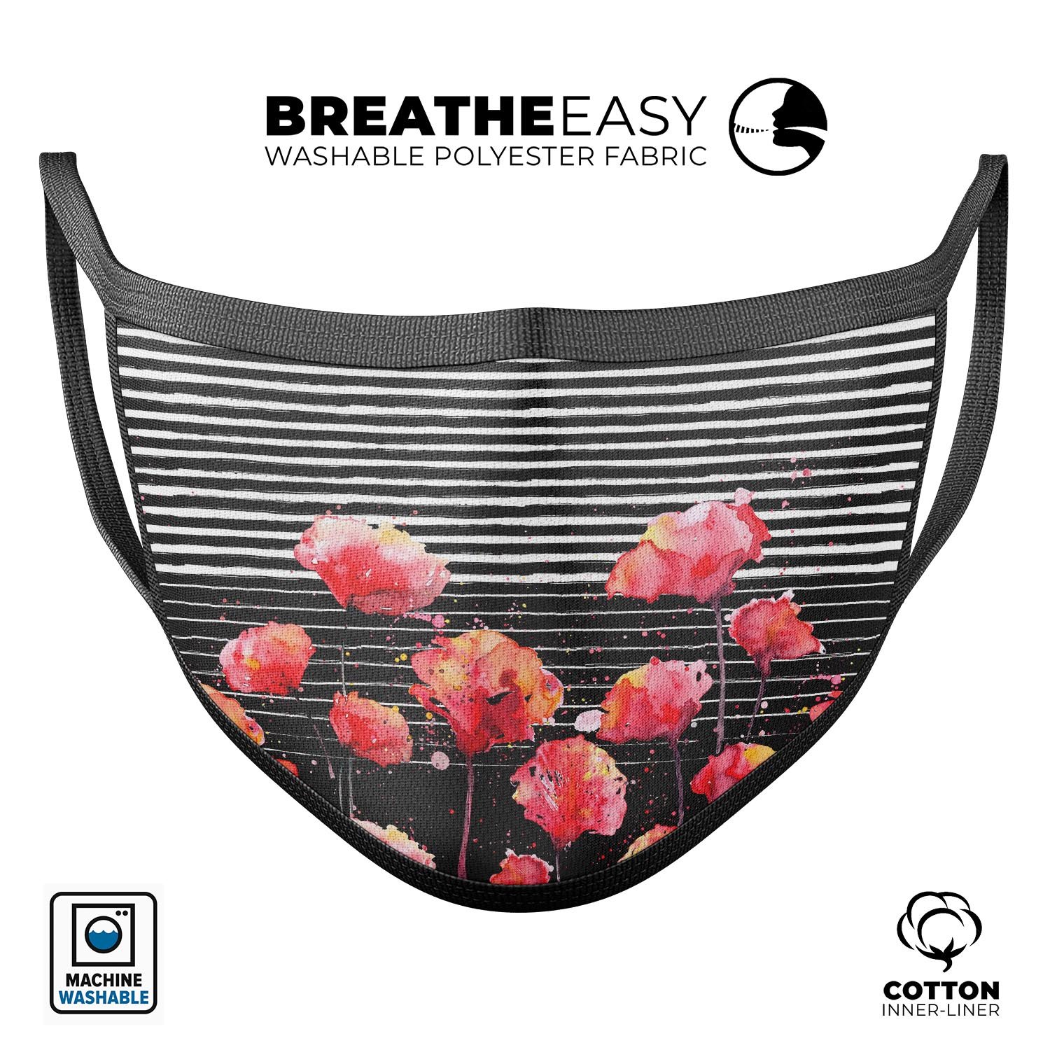 Karamfila Watercolo Poppies V7 mouth cover featuring vibrant poppy design, adjustable ear loops, and soft cotton interior.