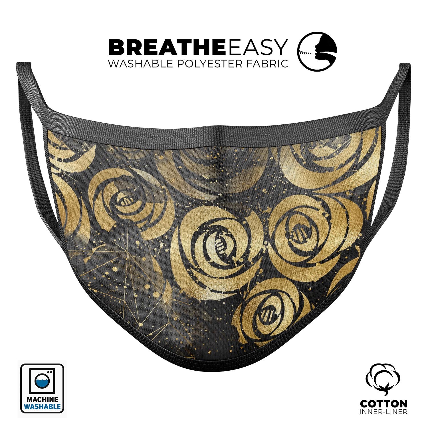 Karamfila Watercolor & Gold V13 mouth cover featuring a vibrant watercolor design with gold accents, made from soft cotton and memory foam.