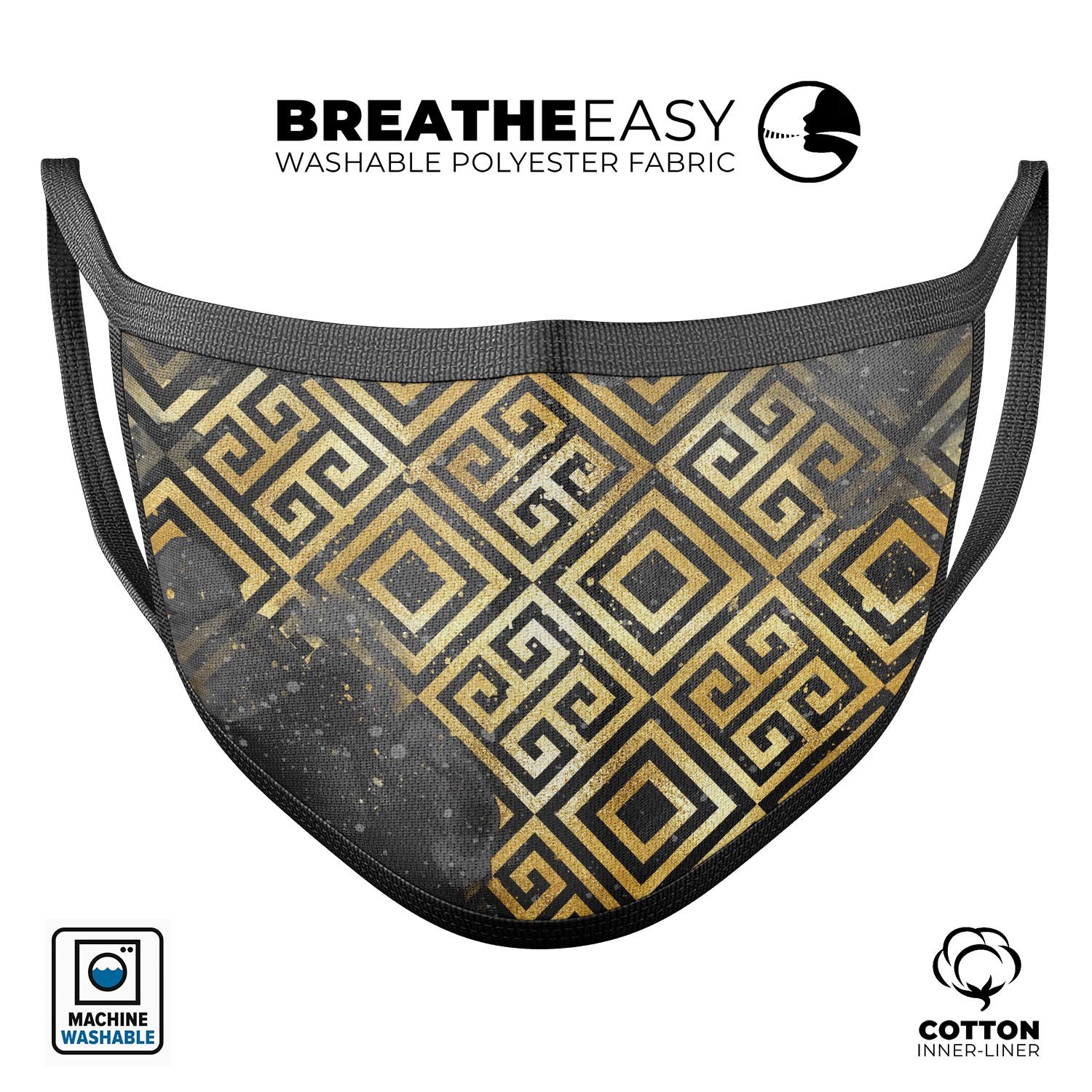 Karamfila Watercolor & Gold V2 mouth cover featuring a vibrant watercolor design, adjustable ear loops, and made from soft cotton material.