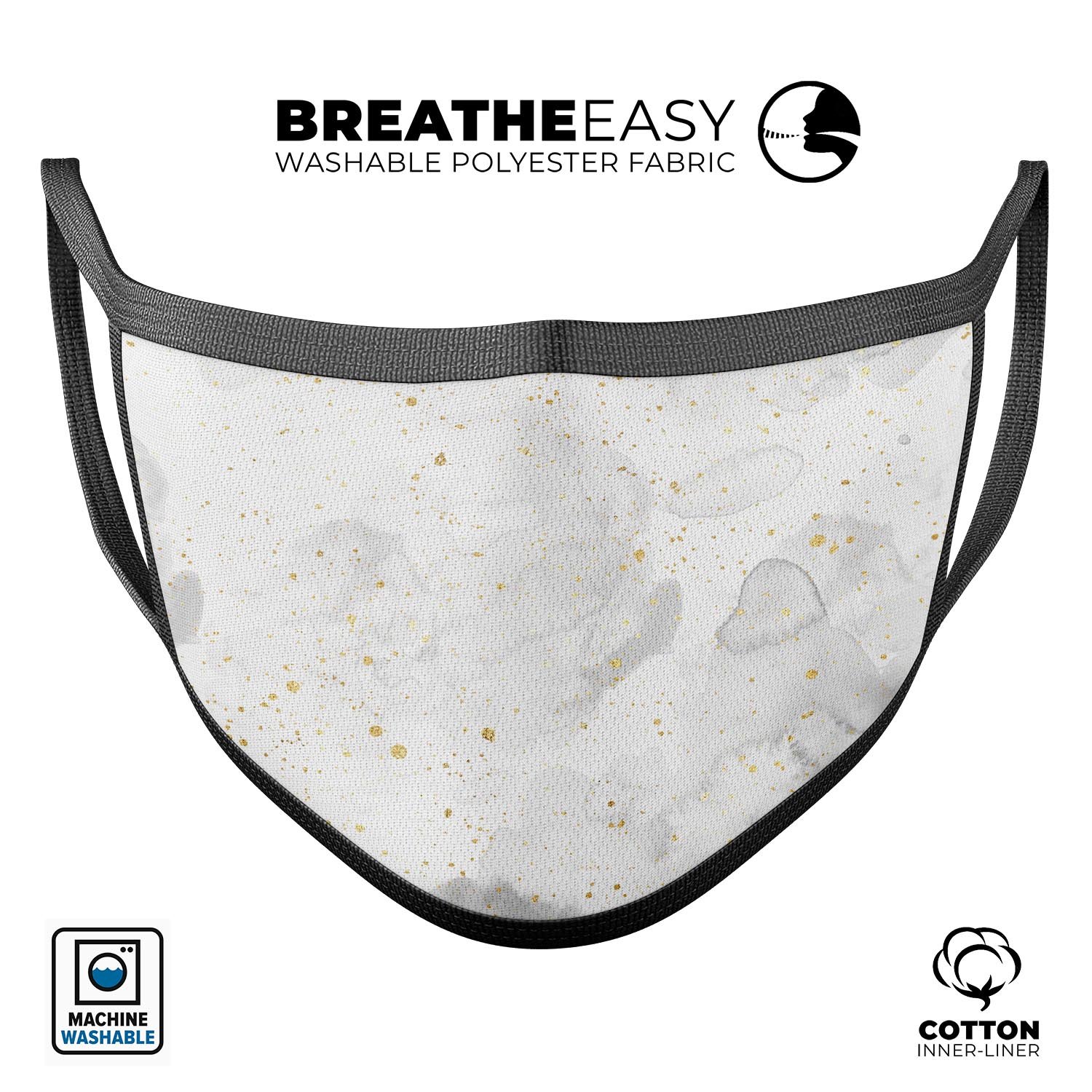 Karamfila Watercolor & Gold V6 mouth cover, showcasing vibrant colors and a comfortable design, made in the USA.