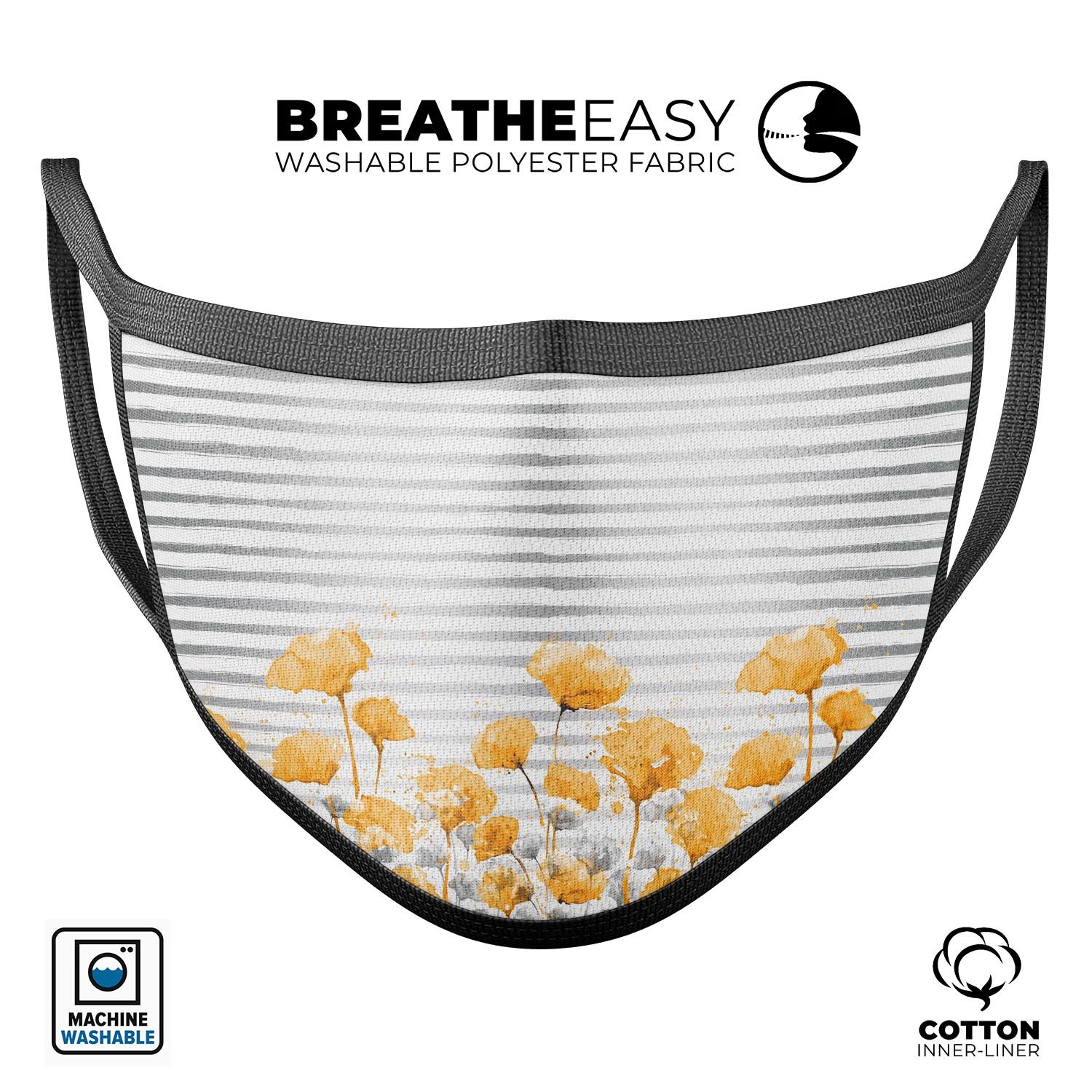 Karamfila Yellow & Gray Floral V16 mouth cover, featuring a vibrant floral design, adjustable ear loops, and made from soft cotton.