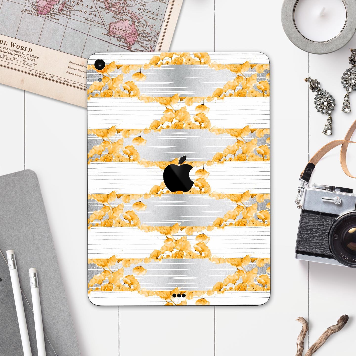 Karamfila Yellow & Gray Floral V4 skin decal for Apple devices, showcasing vibrant floral design and premium finish.