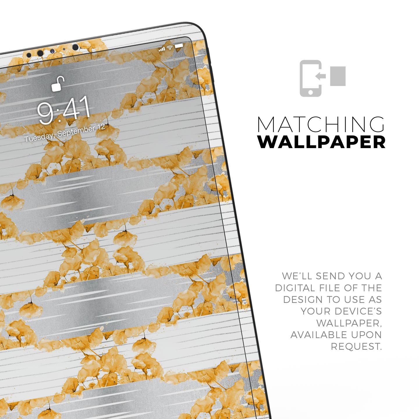 Karamfila Yellow & Gray Floral V4 skin decal for Apple devices, showcasing vibrant floral design and premium finish.