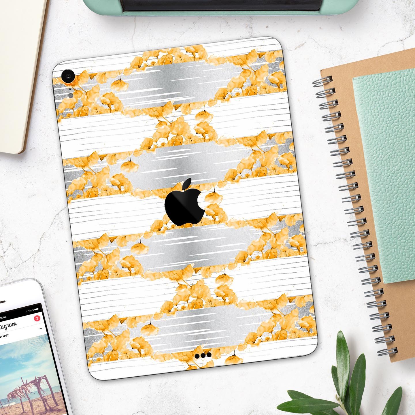 Karamfila Yellow & Gray Floral V4 skin decal for Apple devices, showcasing vibrant floral design and premium finish.