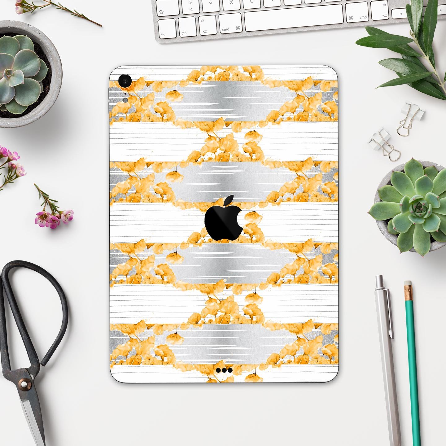Karamfila Yellow & Gray Floral V4 skin decal for Apple devices, showcasing vibrant floral design and premium finish.