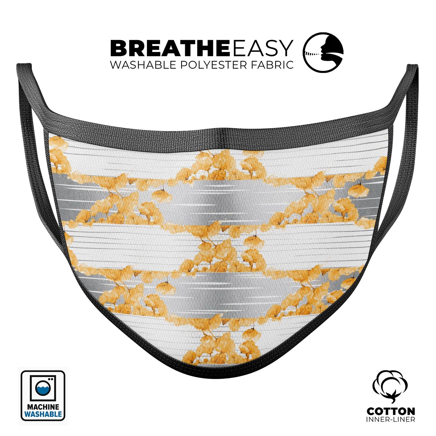 Karamfila Yellow & Gray Floral V4 mouth cover, featuring a vibrant floral design, adjustable ear loops, and made from soft cotton material.