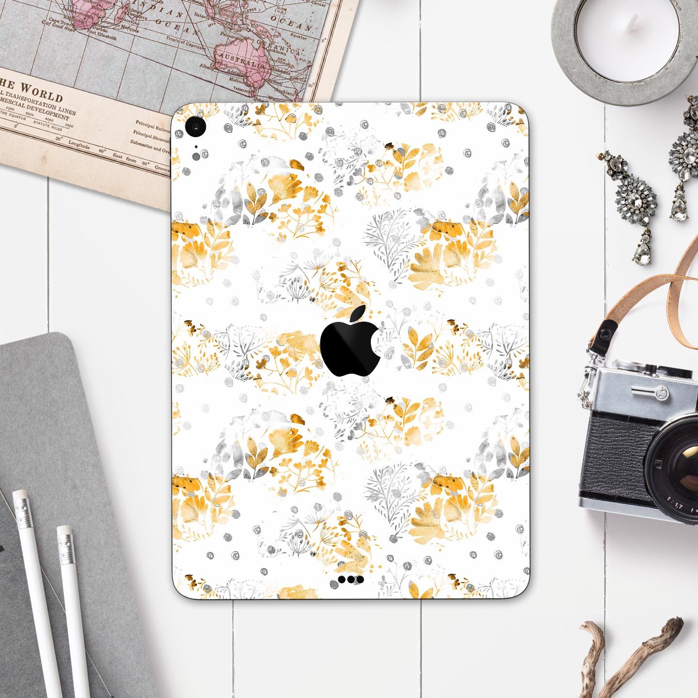 Karamfila Yellow & Gray Floral V5 skin decal for Apple devices, showcasing a vibrant floral design with a premium finish.