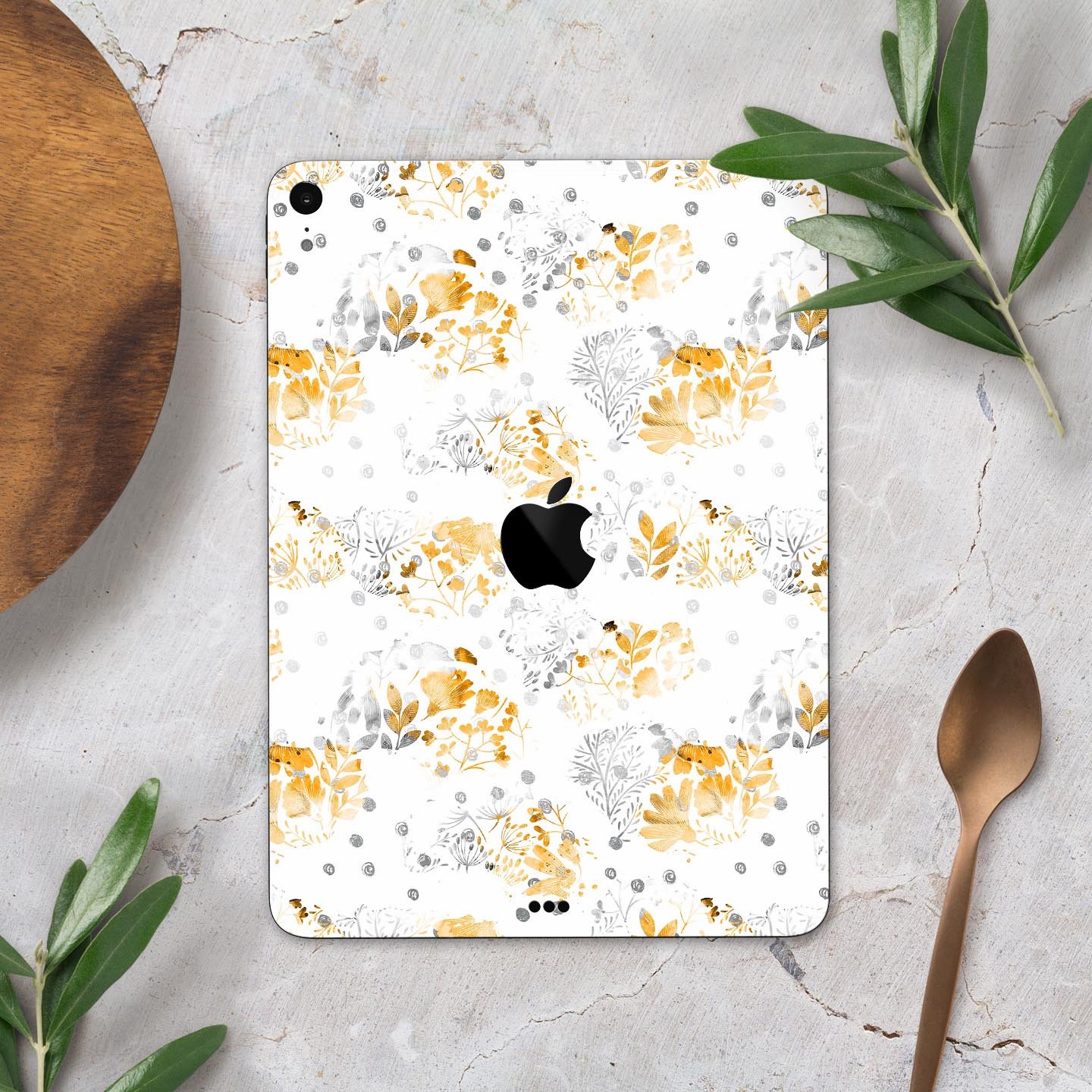 Karamfila Yellow & Gray Floral V5 skin decal for Apple devices, showcasing a vibrant floral design with a premium finish.