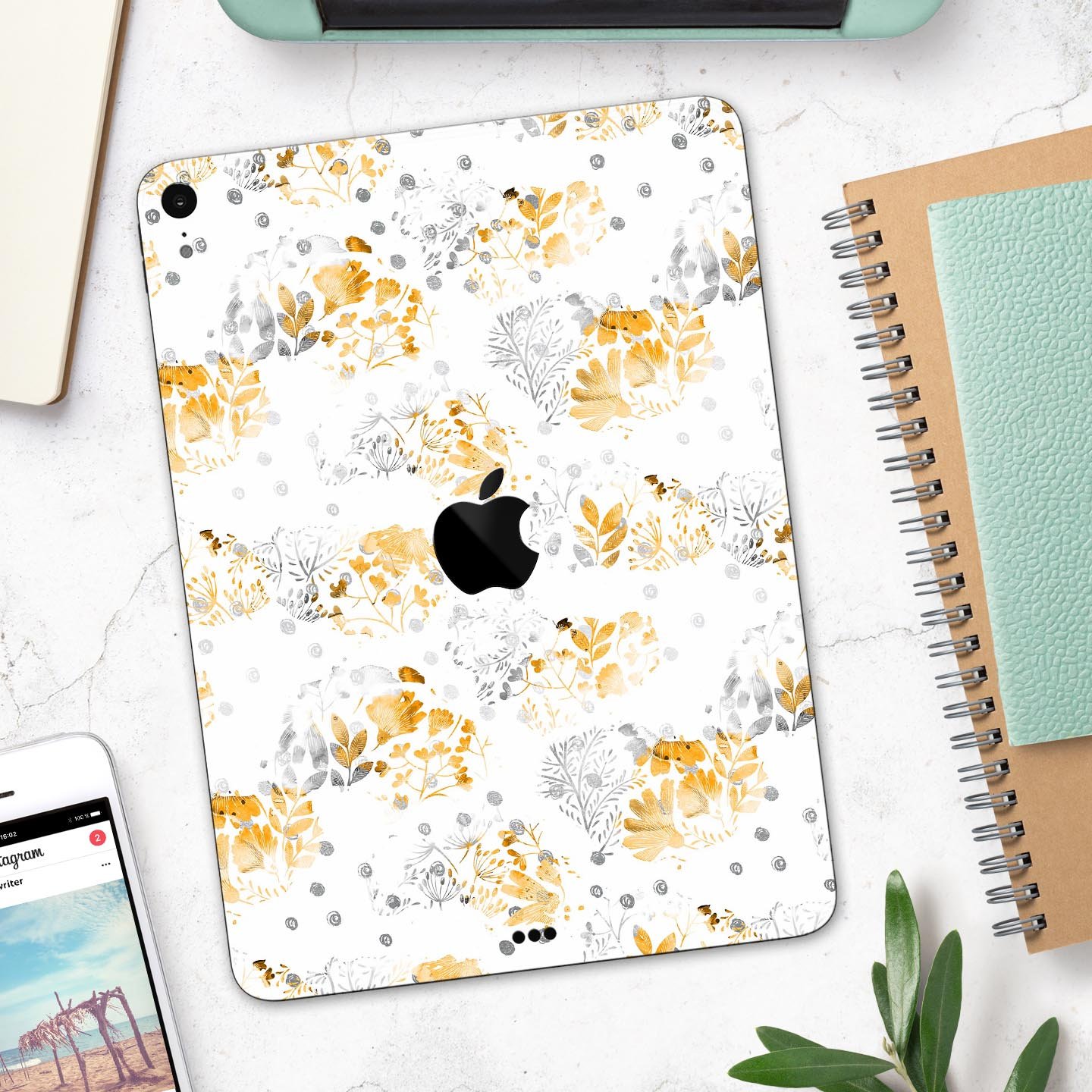 Karamfila Yellow & Gray Floral V5 skin decal for Apple devices, showcasing a vibrant floral design with a premium finish.
