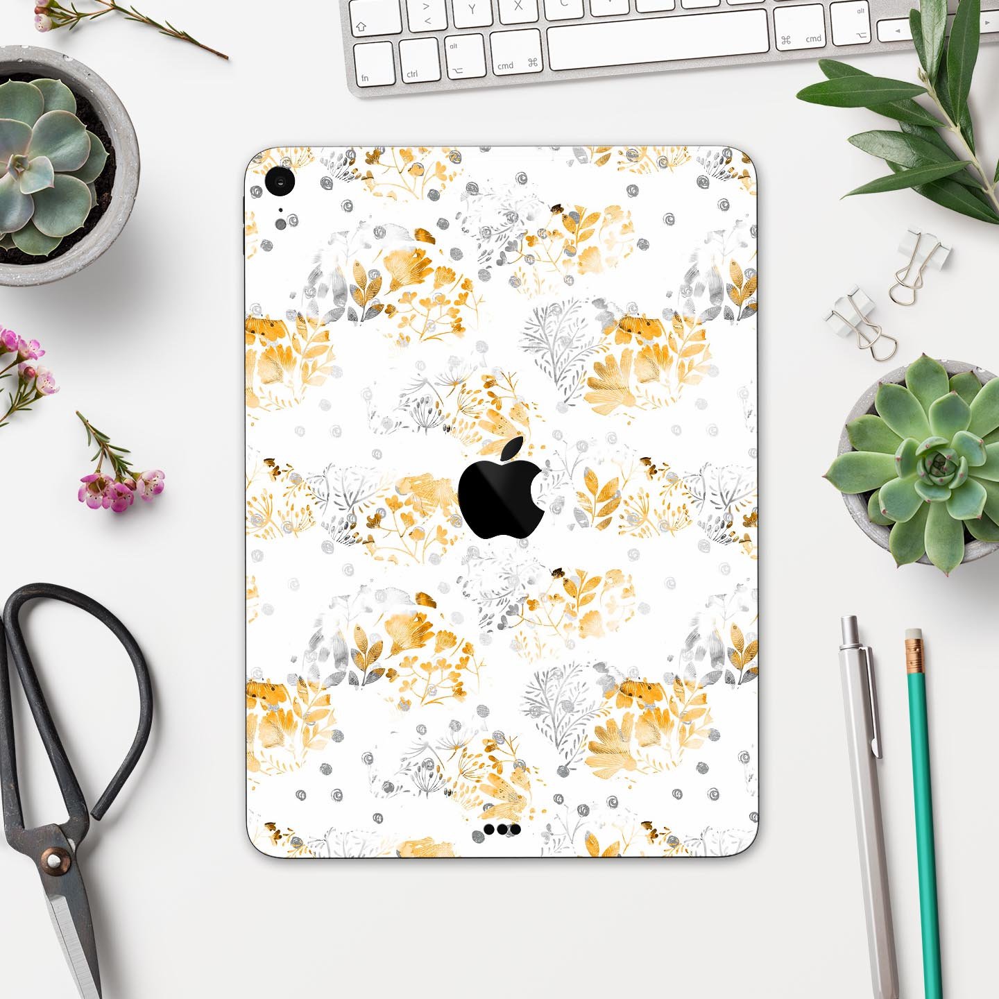 Karamfila Yellow & Gray Floral V5 skin decal for Apple devices, showcasing a vibrant floral design with a premium finish.