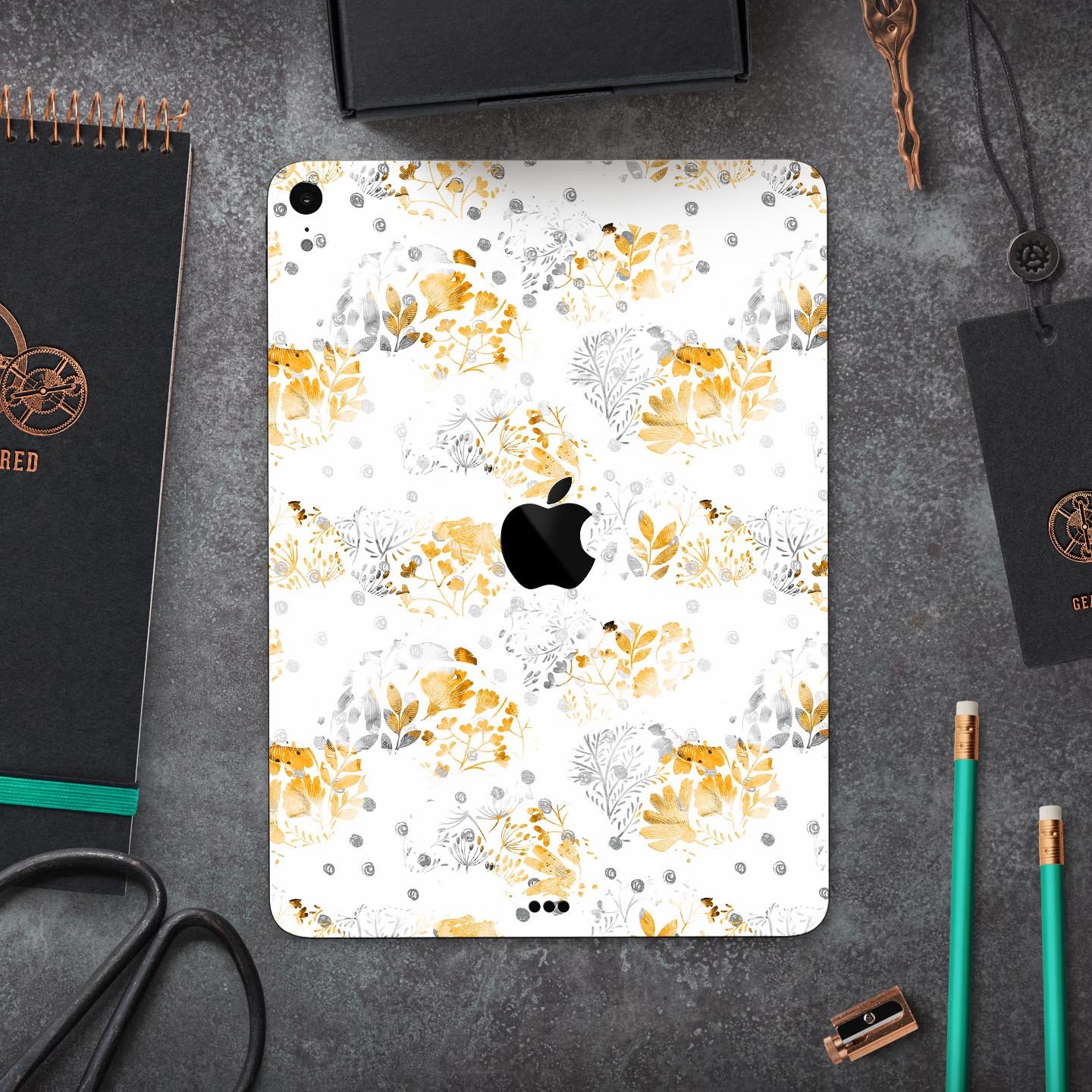 Karamfila Yellow & Gray Floral V5 skin decal for Apple devices, showcasing a vibrant floral design with a premium finish.
