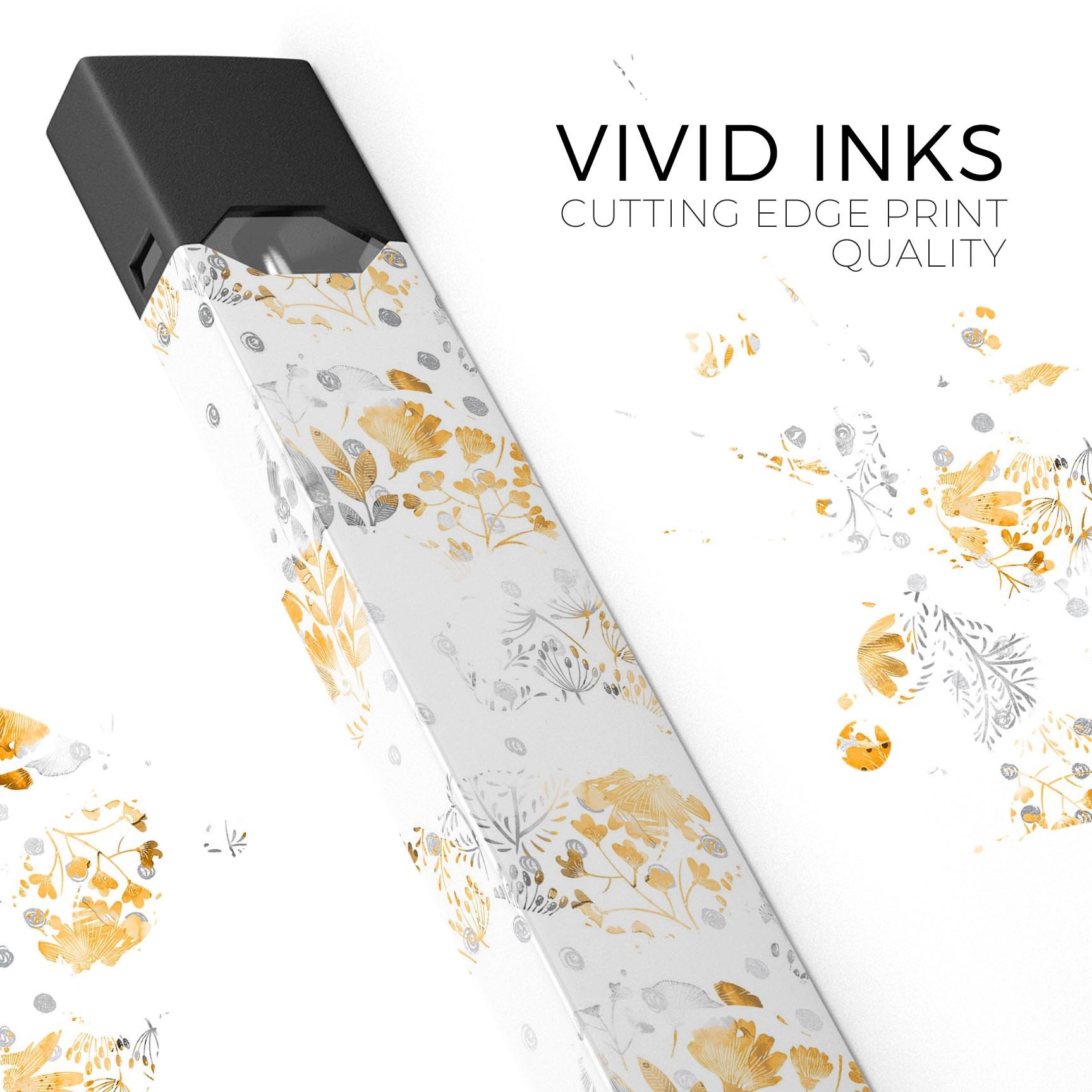 Karamfila Yellow & Gray Floral V5 skin-wrap for JUUL device, showcasing vibrant floral design and premium quality.