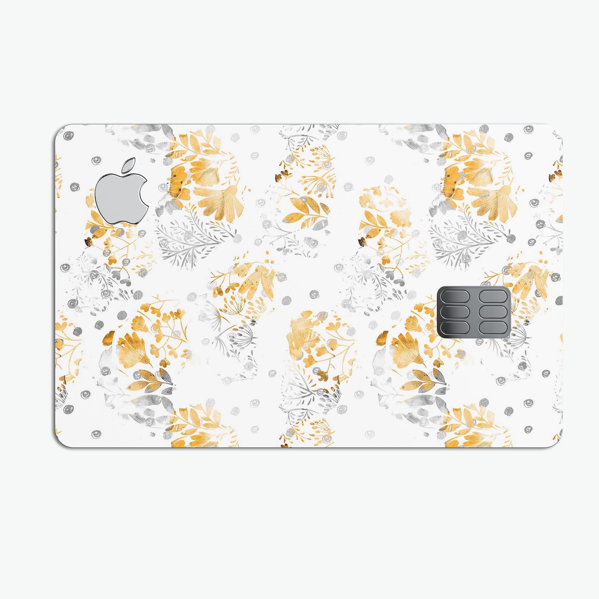 Karamfila Yellow & Gray Floral V5 decal skin kit for Apple Card, showcasing vibrant floral design and premium vinyl material.