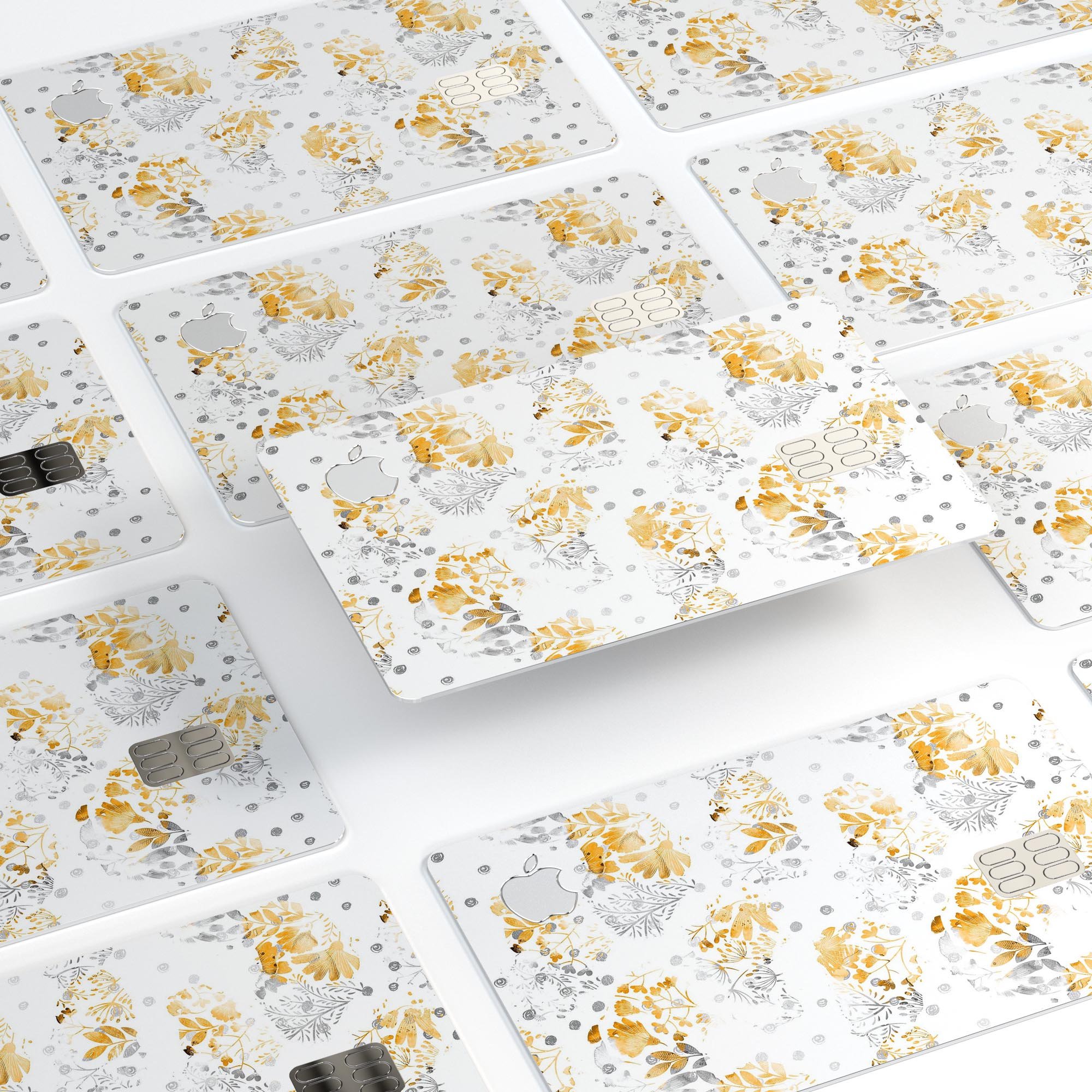 Karamfila Yellow & Gray Floral V5 decal skin kit for Apple Card, showcasing vibrant floral design and premium vinyl material.