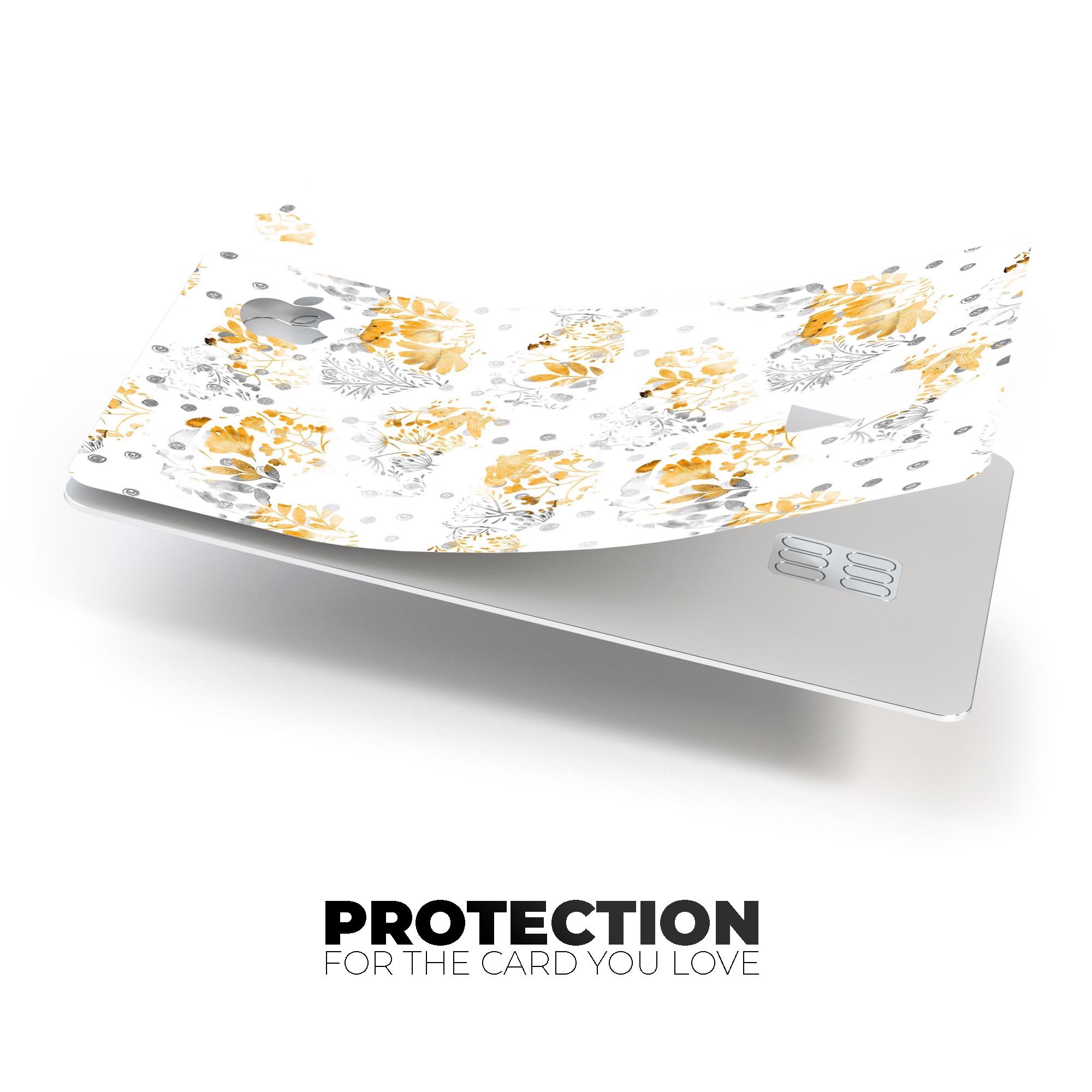 Karamfila Yellow & Gray Floral V5 decal skin kit for Apple Card, showcasing vibrant floral design and premium vinyl material.