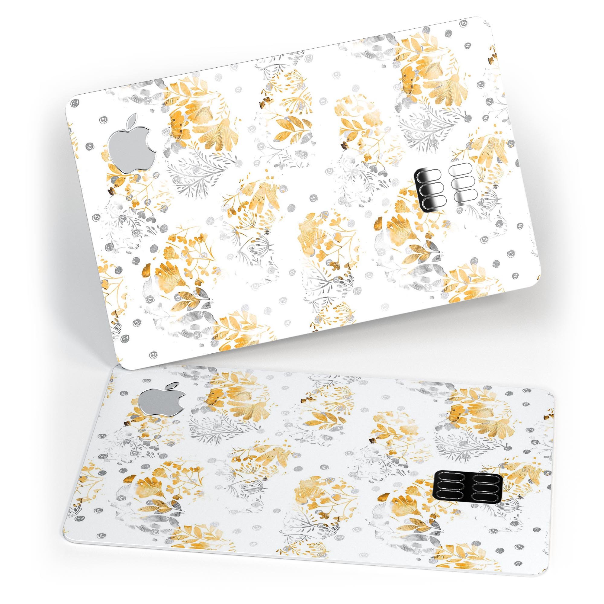 Karamfila Yellow & Gray Floral V5 decal skin kit for Apple Card, showcasing vibrant floral design and premium vinyl material.