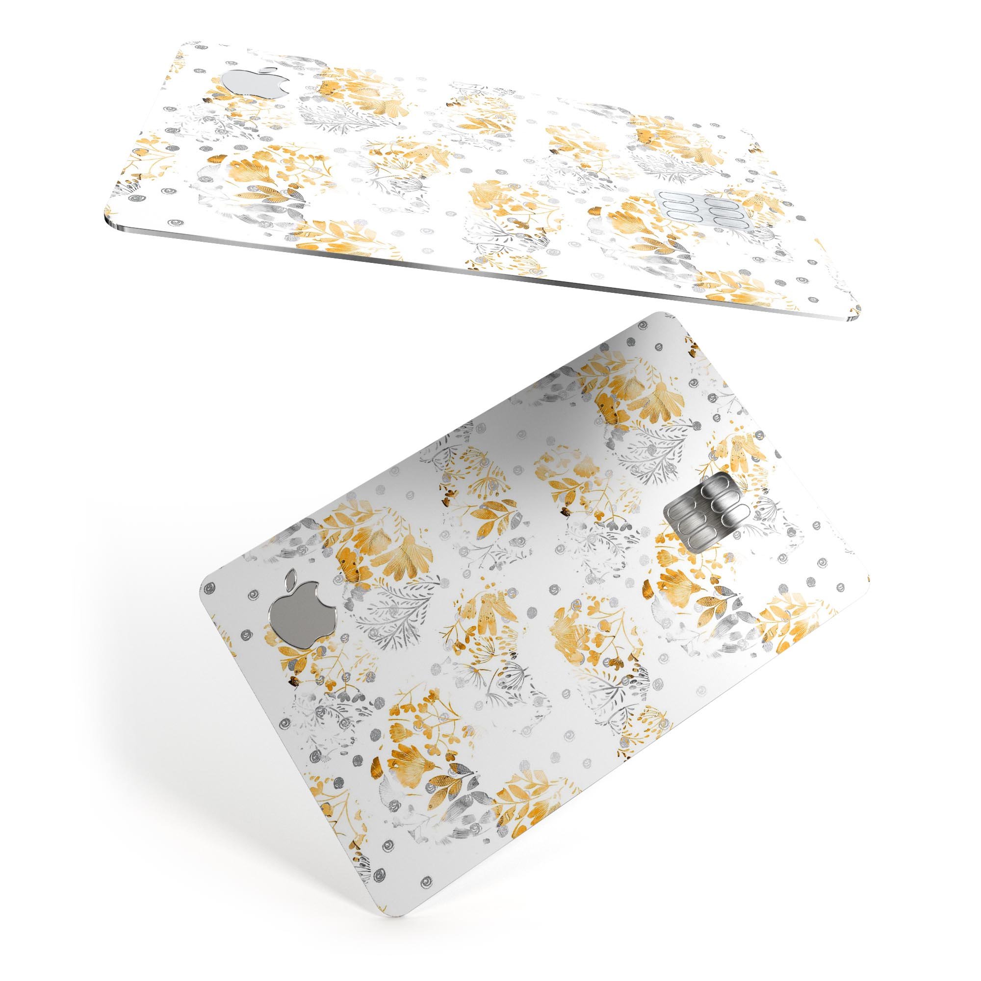 Karamfila Yellow & Gray Floral V5 decal skin kit for Apple Card, showcasing vibrant floral design and premium vinyl material.