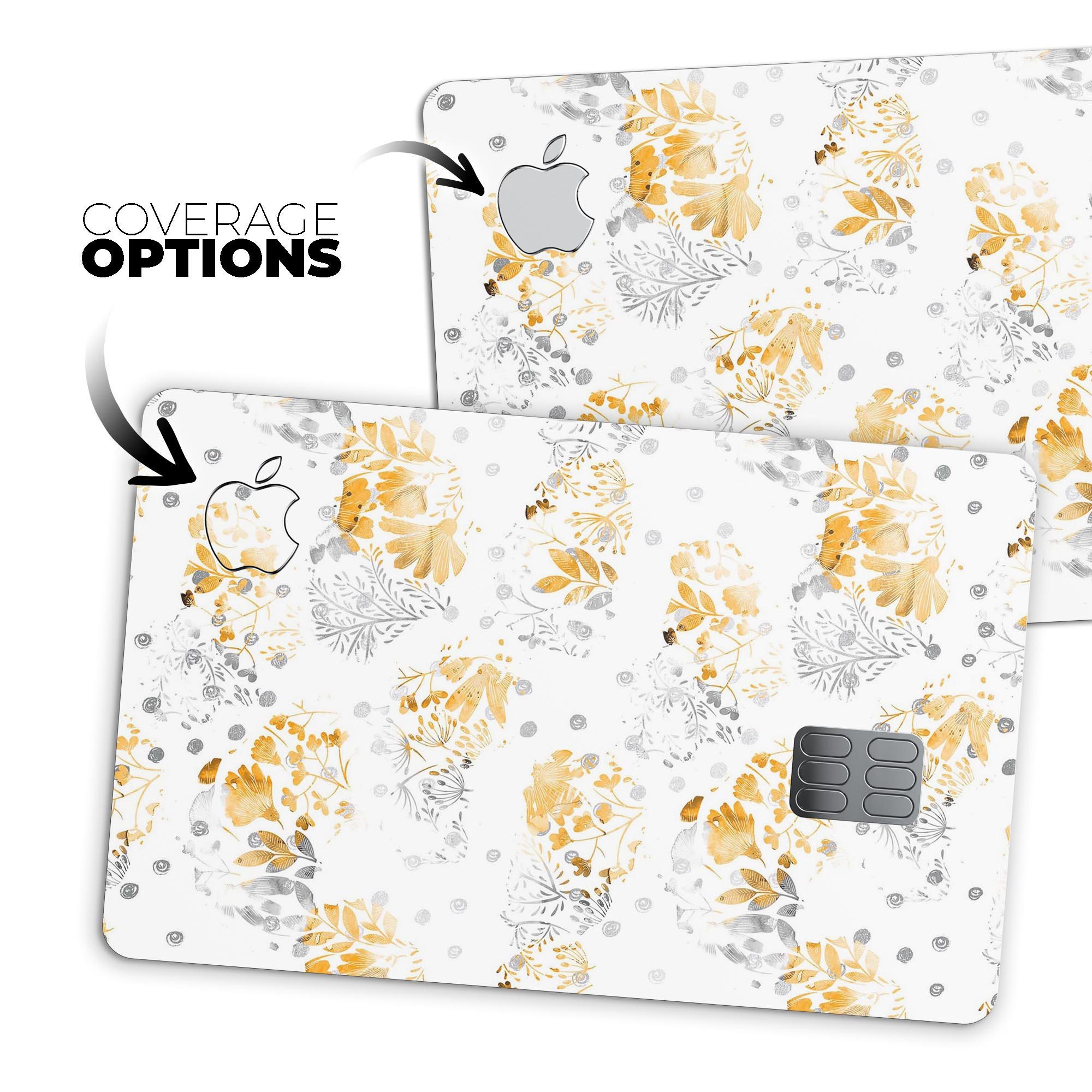 Karamfila Yellow & Gray Floral V5 decal skin kit for Apple Card, showcasing vibrant floral design and premium vinyl material.
