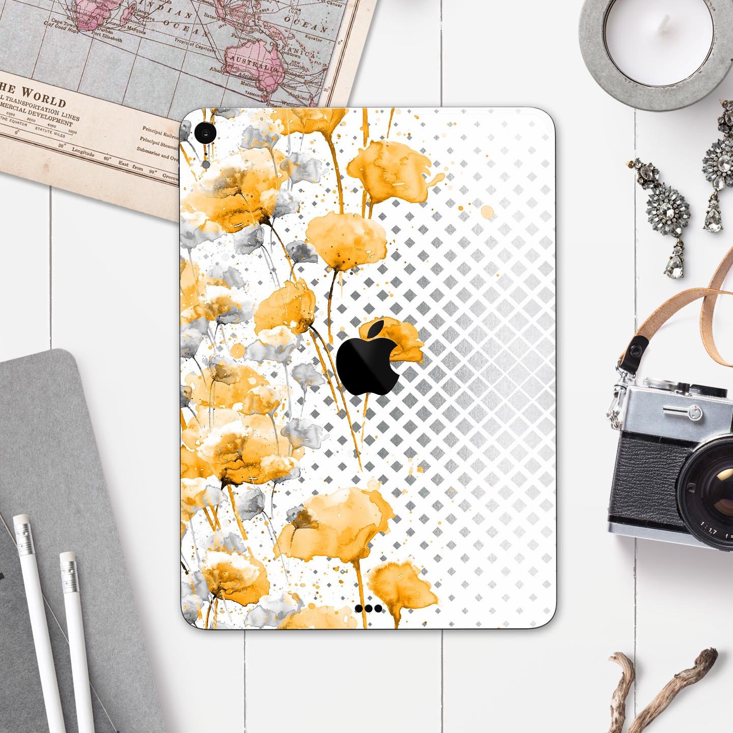 Karamfila Yellow & Gray Floral V8 skin decal for Apple devices, showcasing vibrant floral design and premium quality.