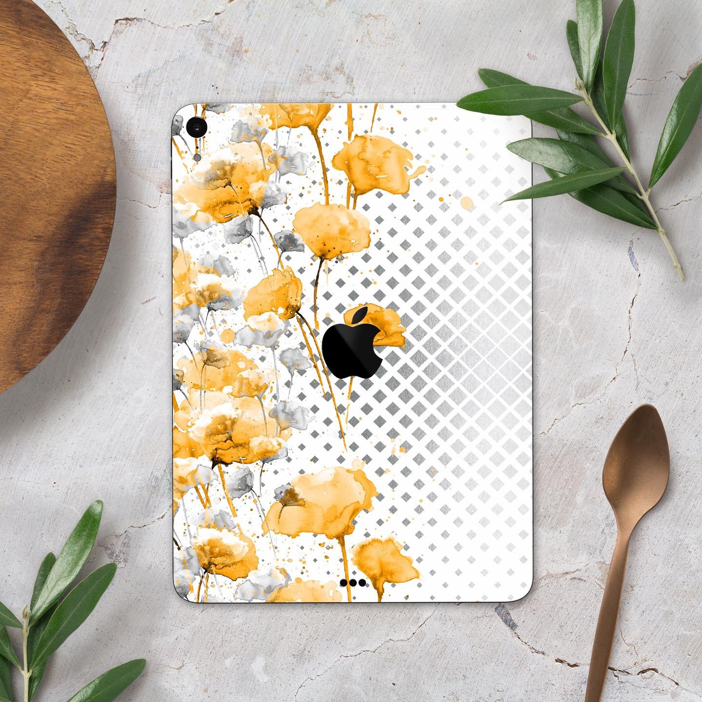 Karamfila Yellow & Gray Floral V8 skin decal for Apple devices, showcasing vibrant floral design and premium quality.