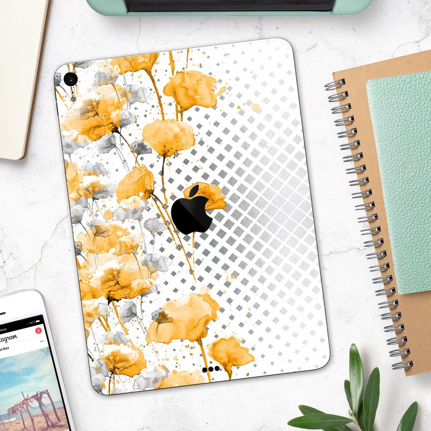 Karamfila Yellow & Gray Floral V8 skin decal for Apple devices, showcasing vibrant floral design and premium quality.
