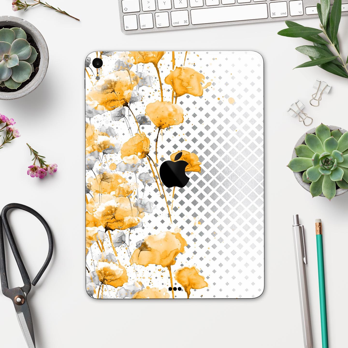 Karamfila Yellow & Gray Floral V8 skin decal for Apple devices, showcasing vibrant floral design and premium quality.