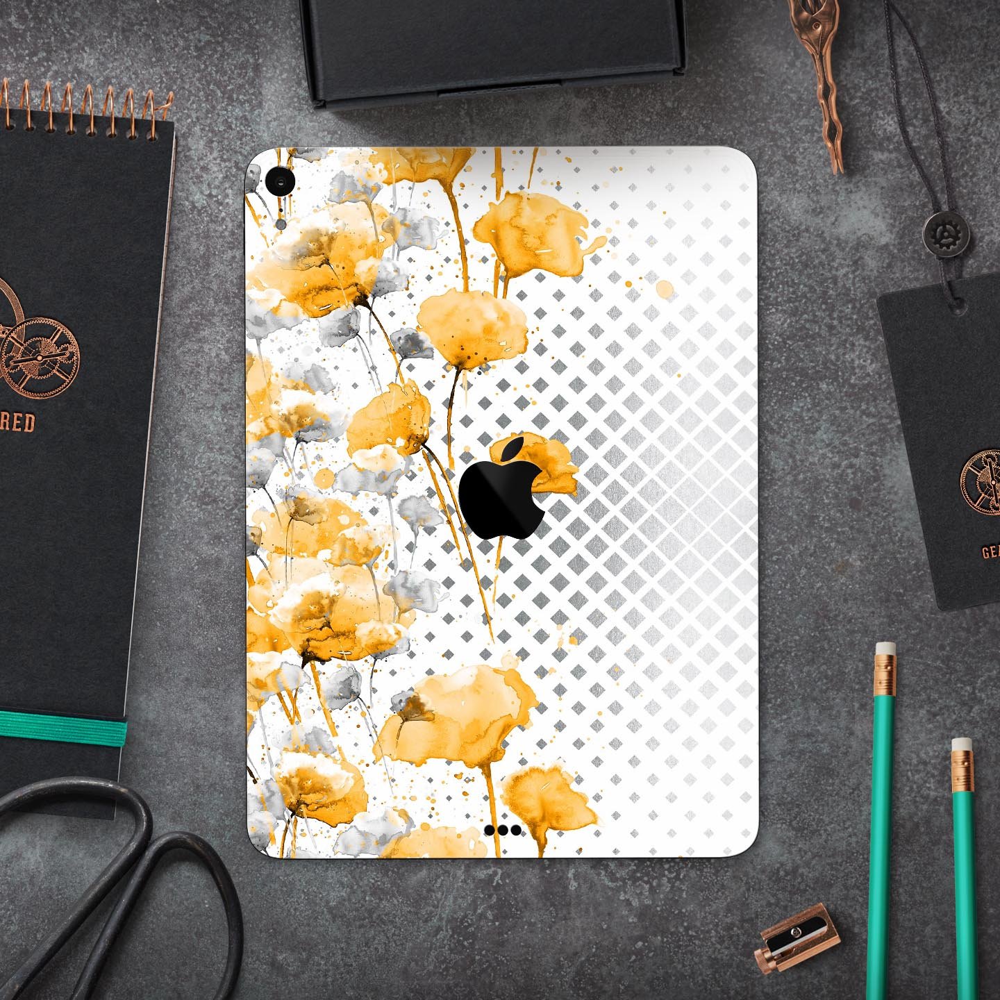 Karamfila Yellow & Gray Floral V8 skin decal for Apple devices, showcasing vibrant floral design and premium quality.