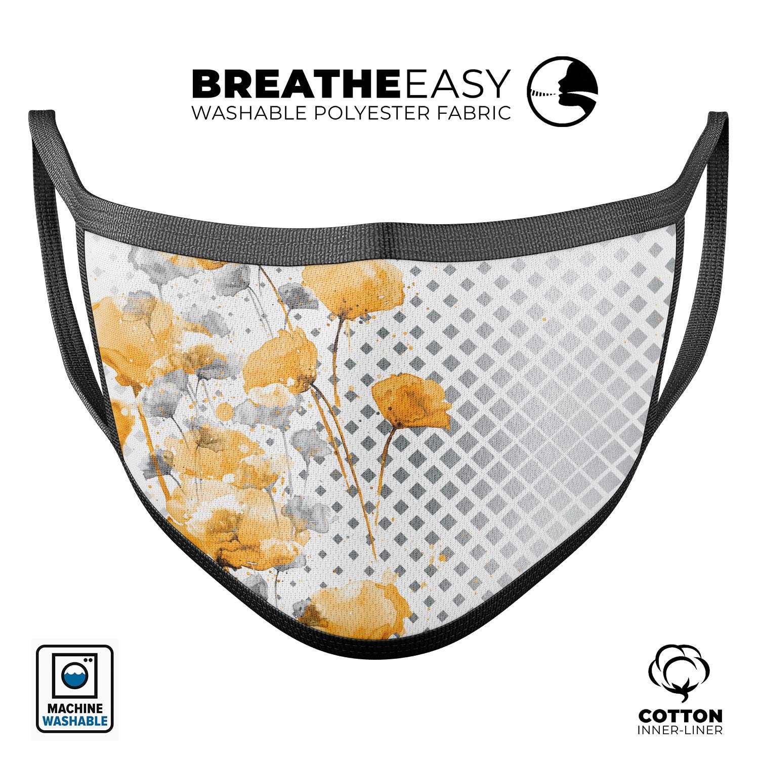 Karamfila Yellow & Gray Floral V8 mouth cover, showcasing a vibrant floral design with adjustable ear loops, made in the USA.