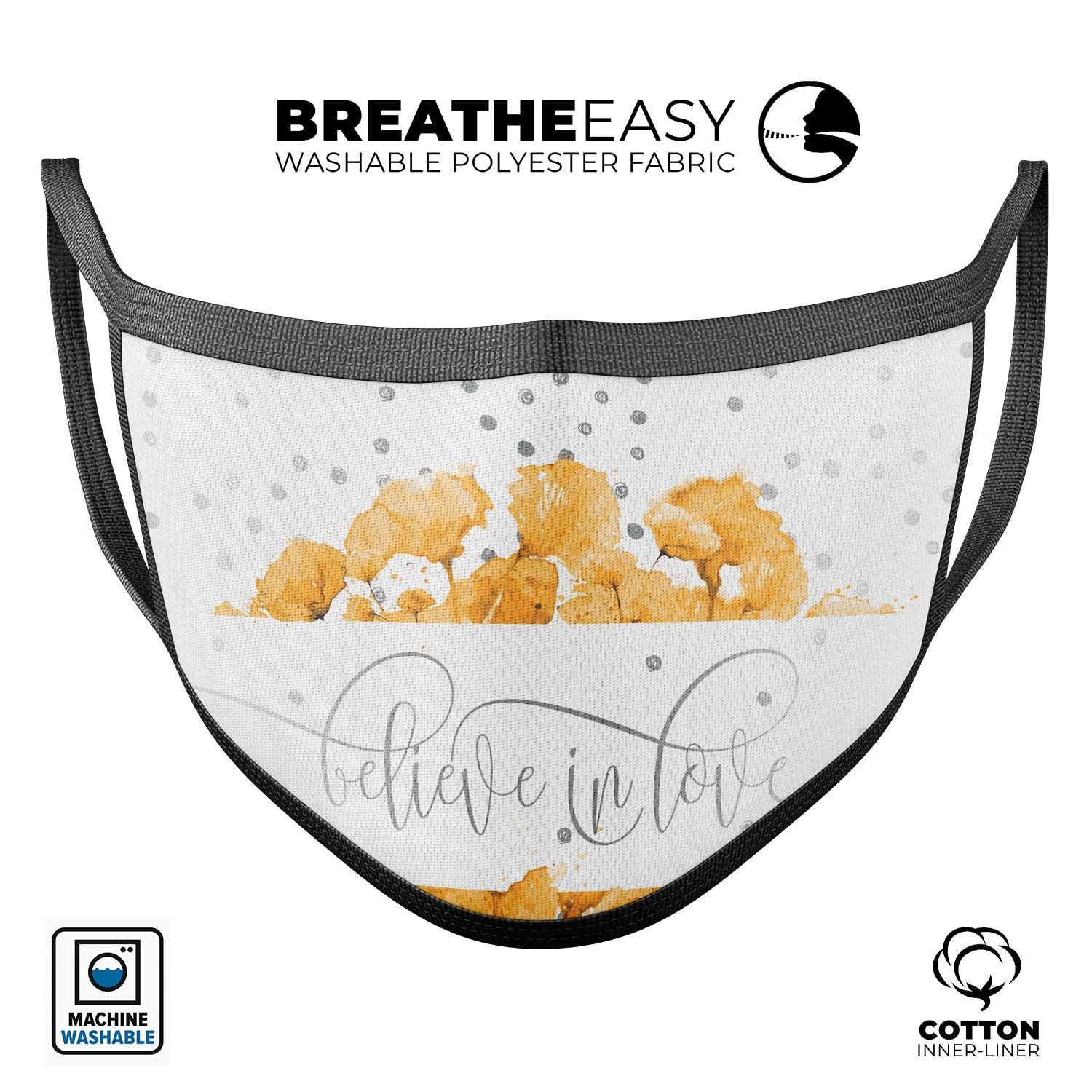 Karamfila Yellow & Gray Floral V9 mouth cover, featuring a vibrant floral design, adjustable ear loops, and made from soft cotton for comfort.