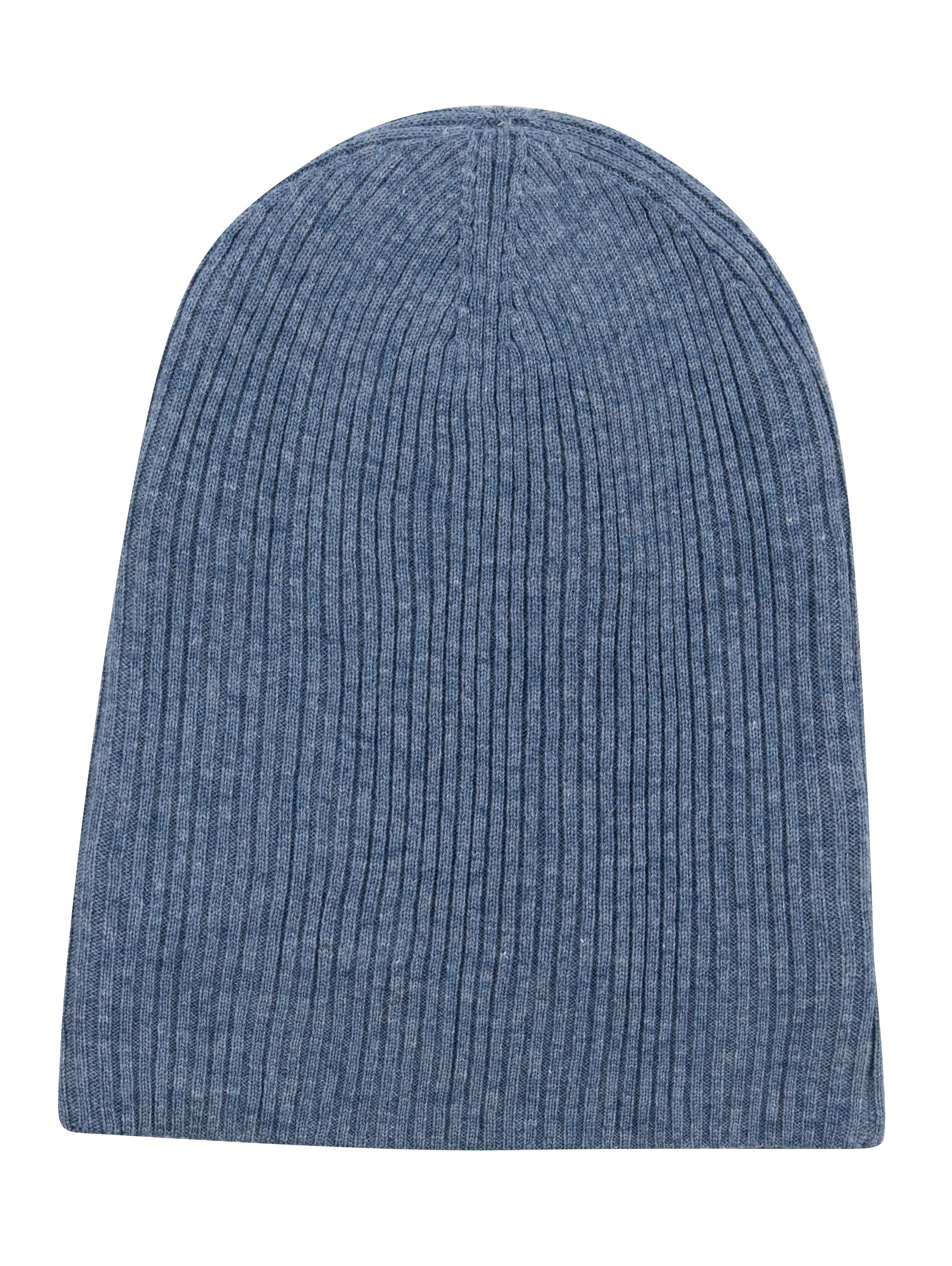 A stylish blue ribbed cashmere beanie with a fold, showcasing its luxurious texture and craftsmanship.