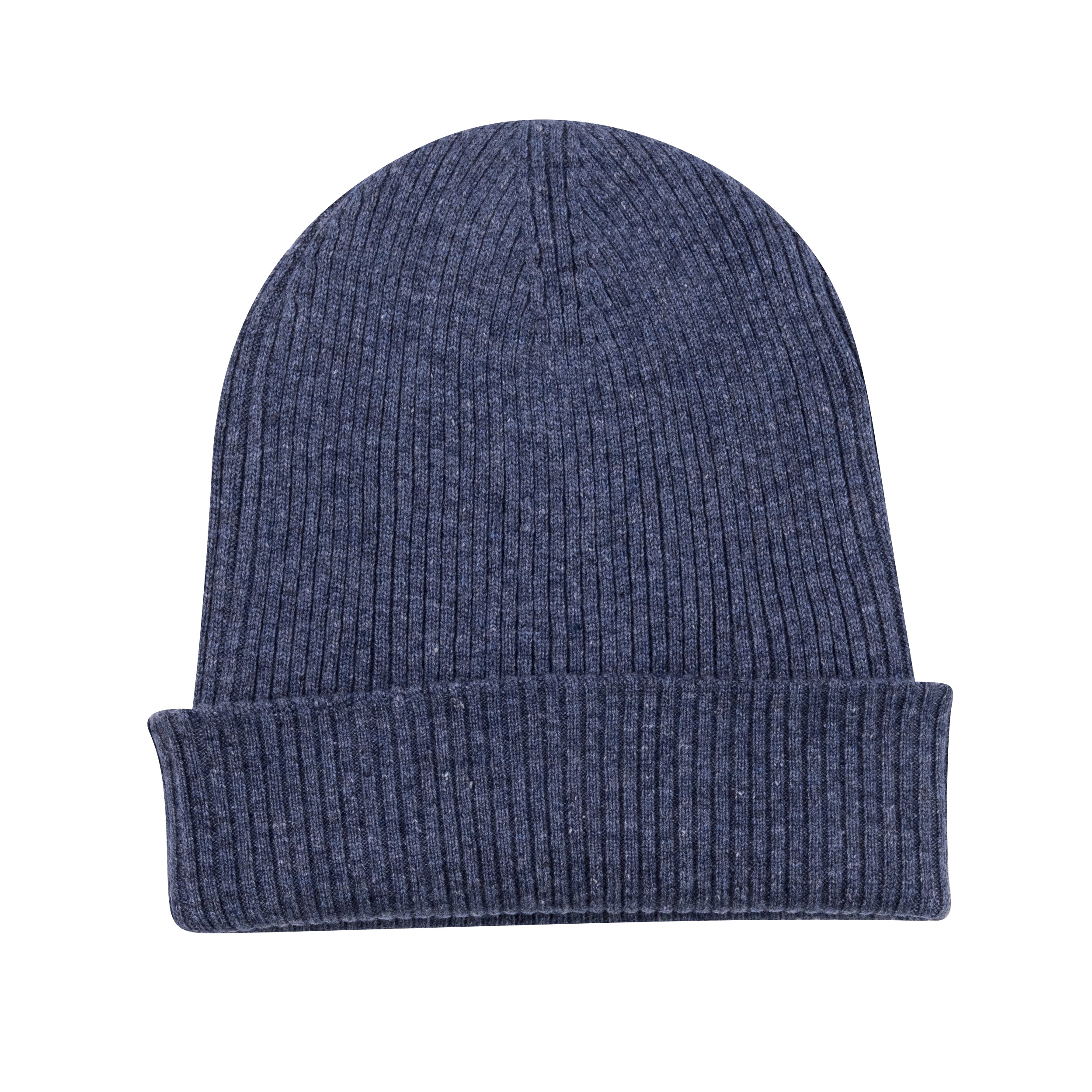 Dunkelblaue Kaschmirmütze Beanie mit Umschlag, geripptes Design, handgewebt in Nepal, 100% Kaschmir.