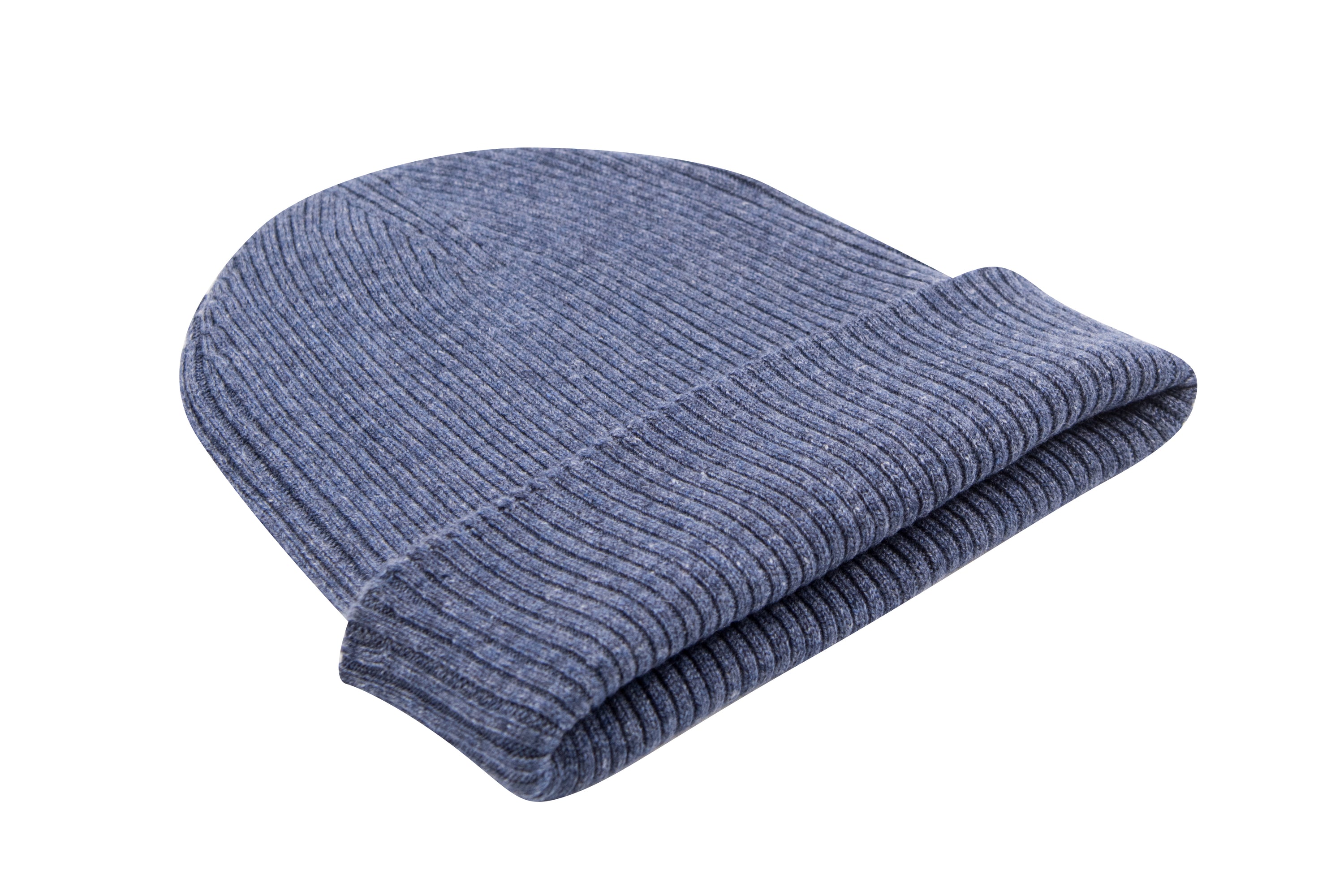 Dunkelblaue Kaschmirmütze Beanie mit Umschlag, geripptes Design, handgewebt in Nepal, 100% Kaschmir.
