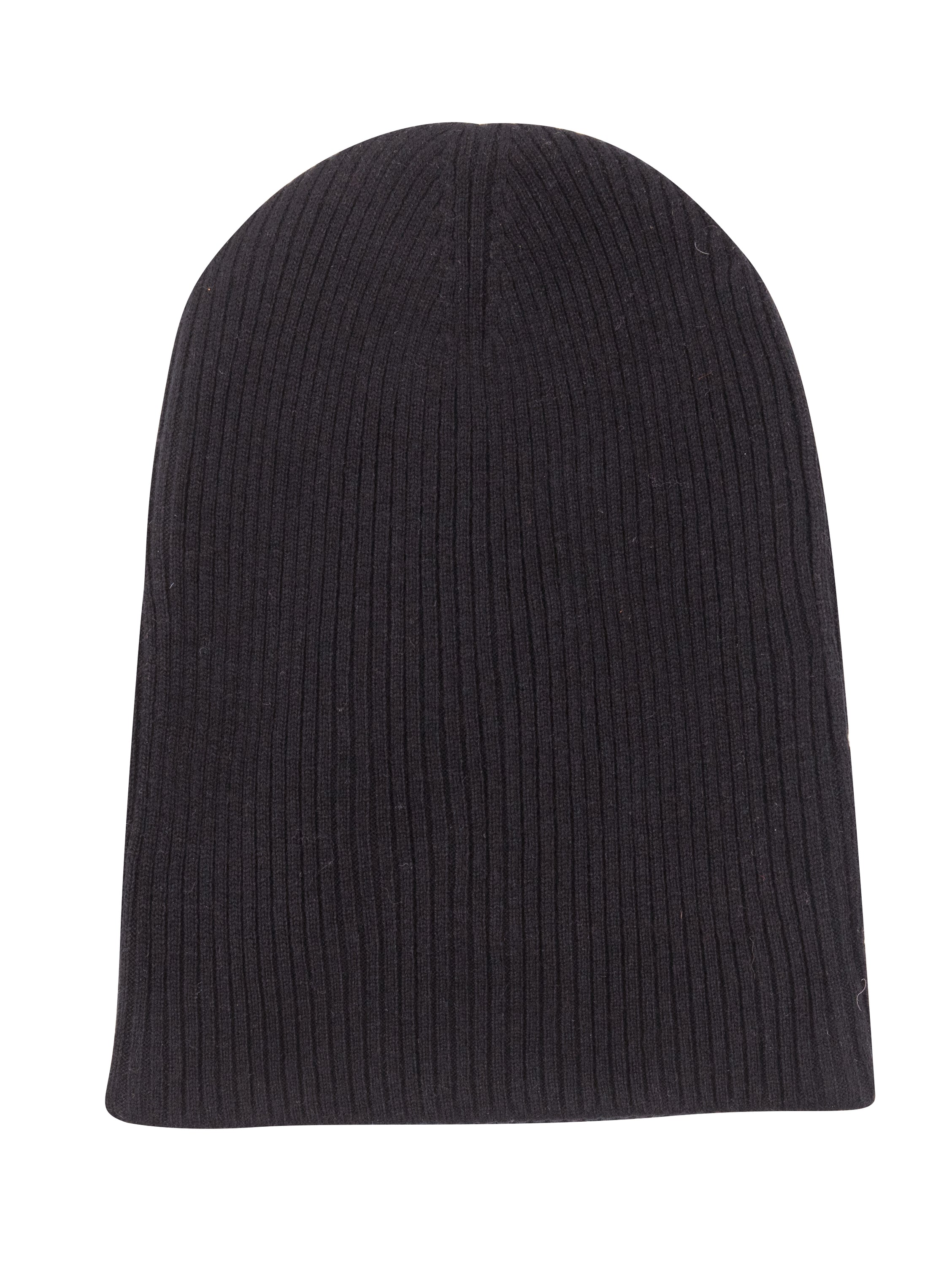 A stylish black ribbed cashmere beanie with a fold, showcasing its luxurious texture and craftsmanship.
