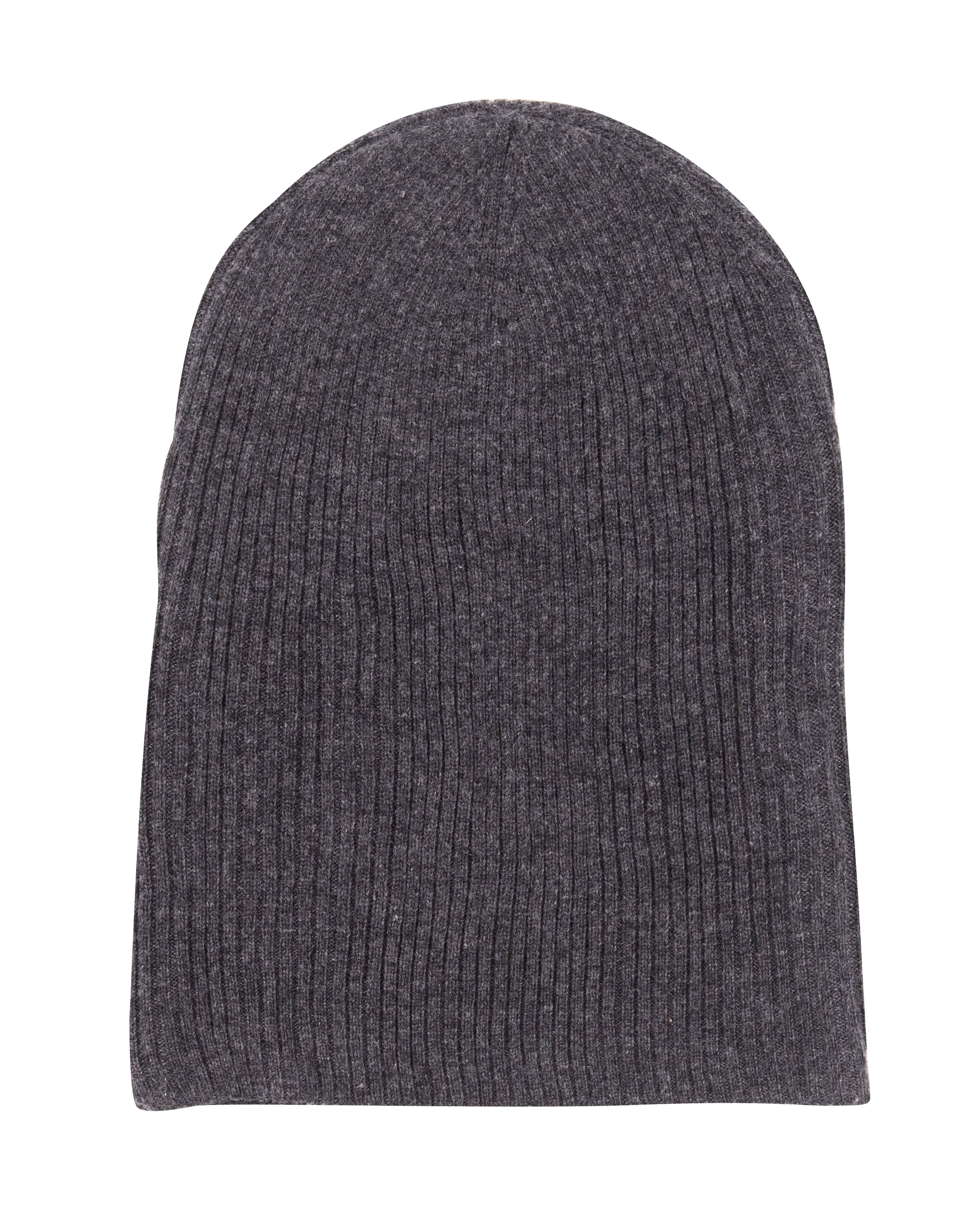 Kaschmirmütze Beanie in Schwarzgrau, gerippt mit Umschlag, handgewebt aus 100% Kaschmir, stilvoll und warm.