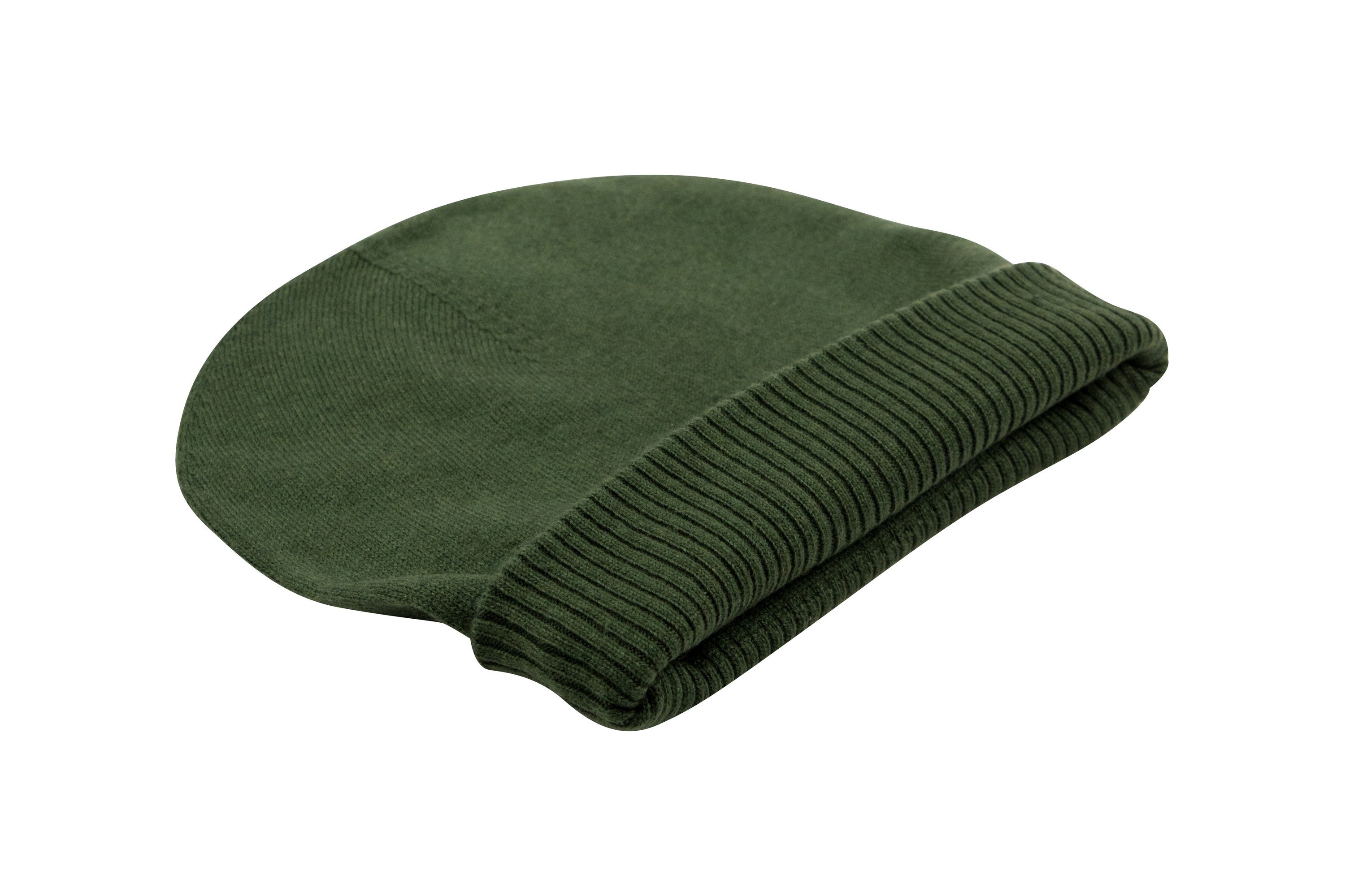 Dunkelgrüne Kaschmirmütze Beanie mit geripptem Umschlag, handgewebt in Nepal, aus 100% Kaschmir.