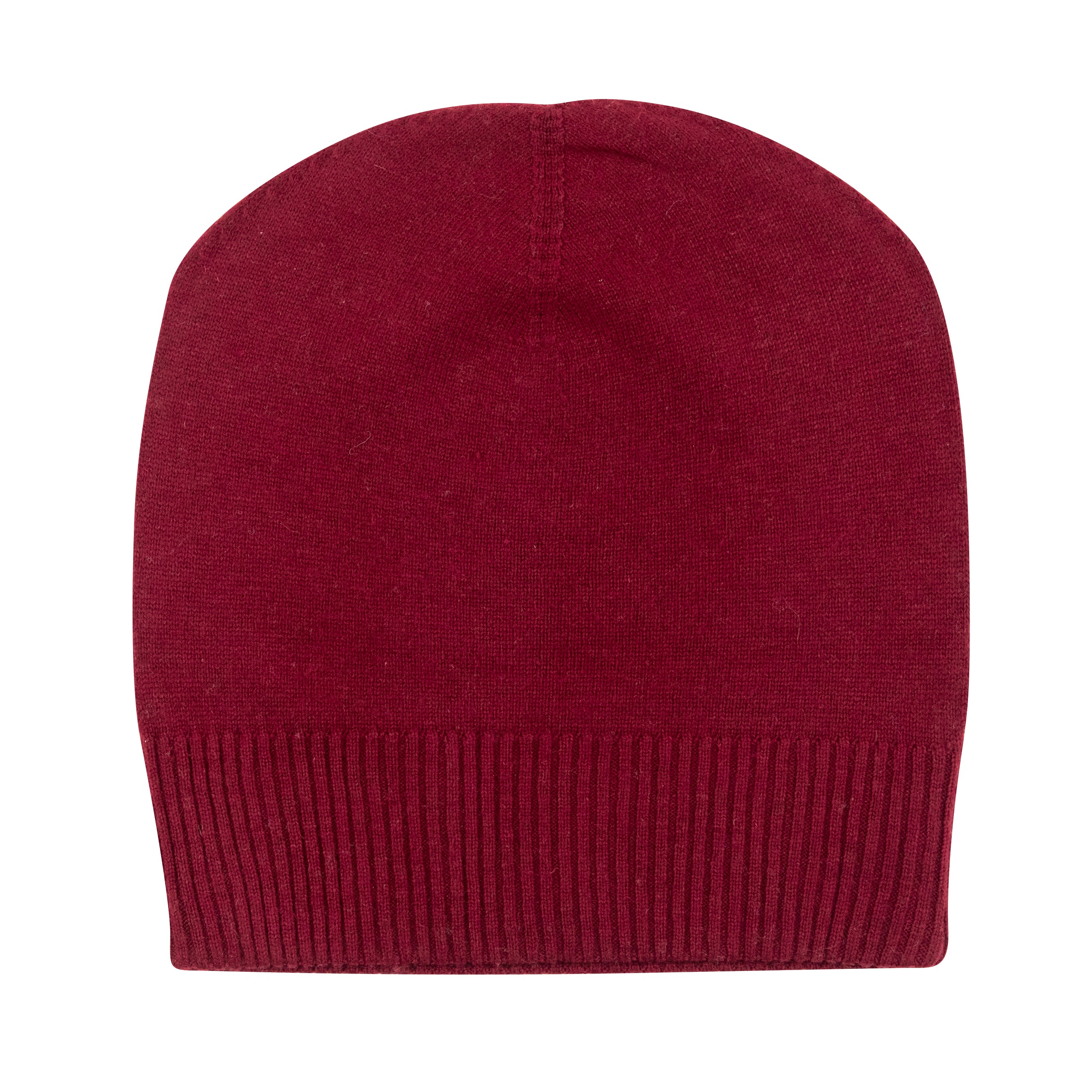 Dunkelrote Kaschmirmütze Beanie mit geripptem Umschlag, handgewebt in Nepal, aus 100% Kaschmir.