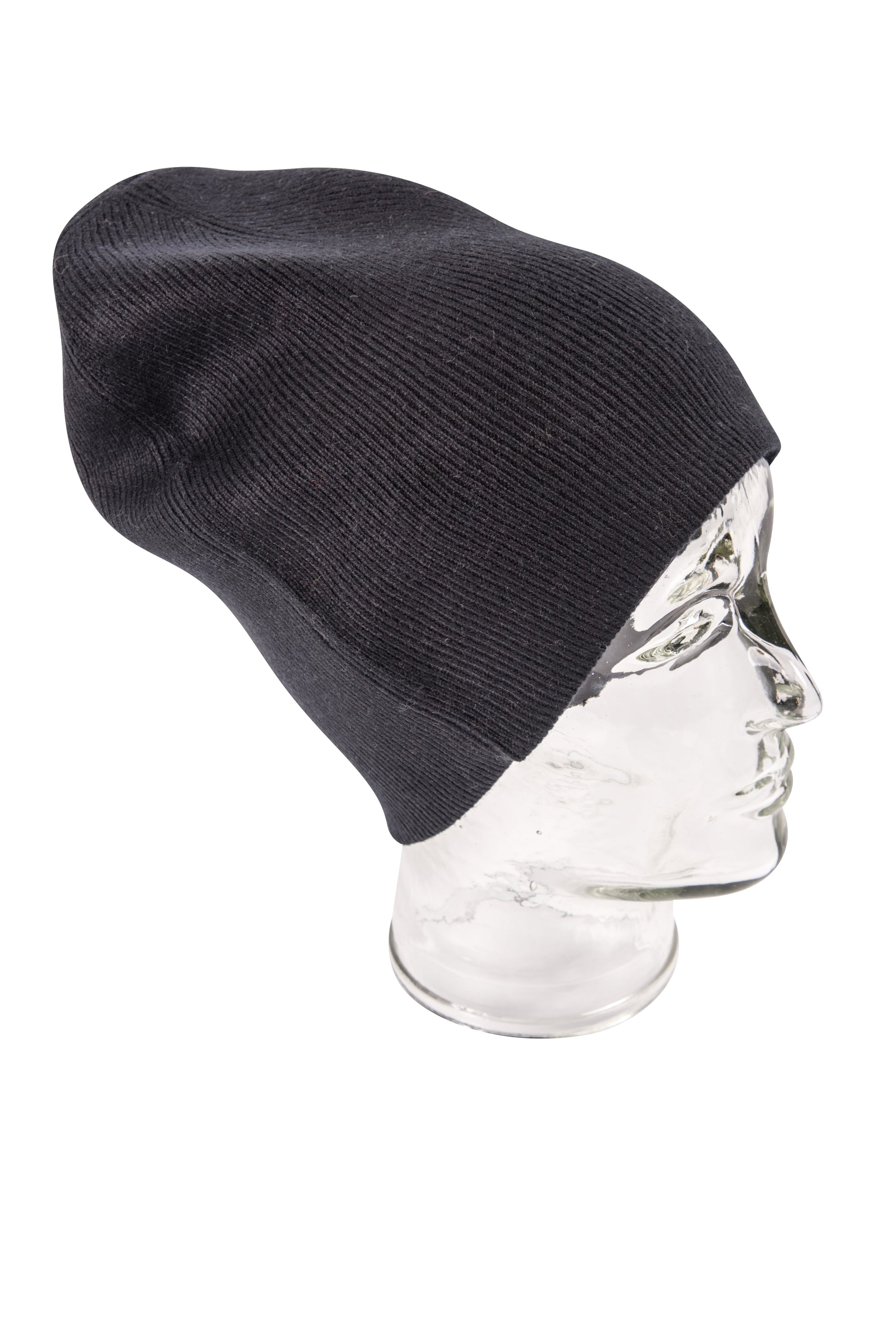 Schwarze Kaschmirmütze Beanie, leicht gerippt, handgewebt in Nepal, aus 100% Kaschmir, unisex Design.