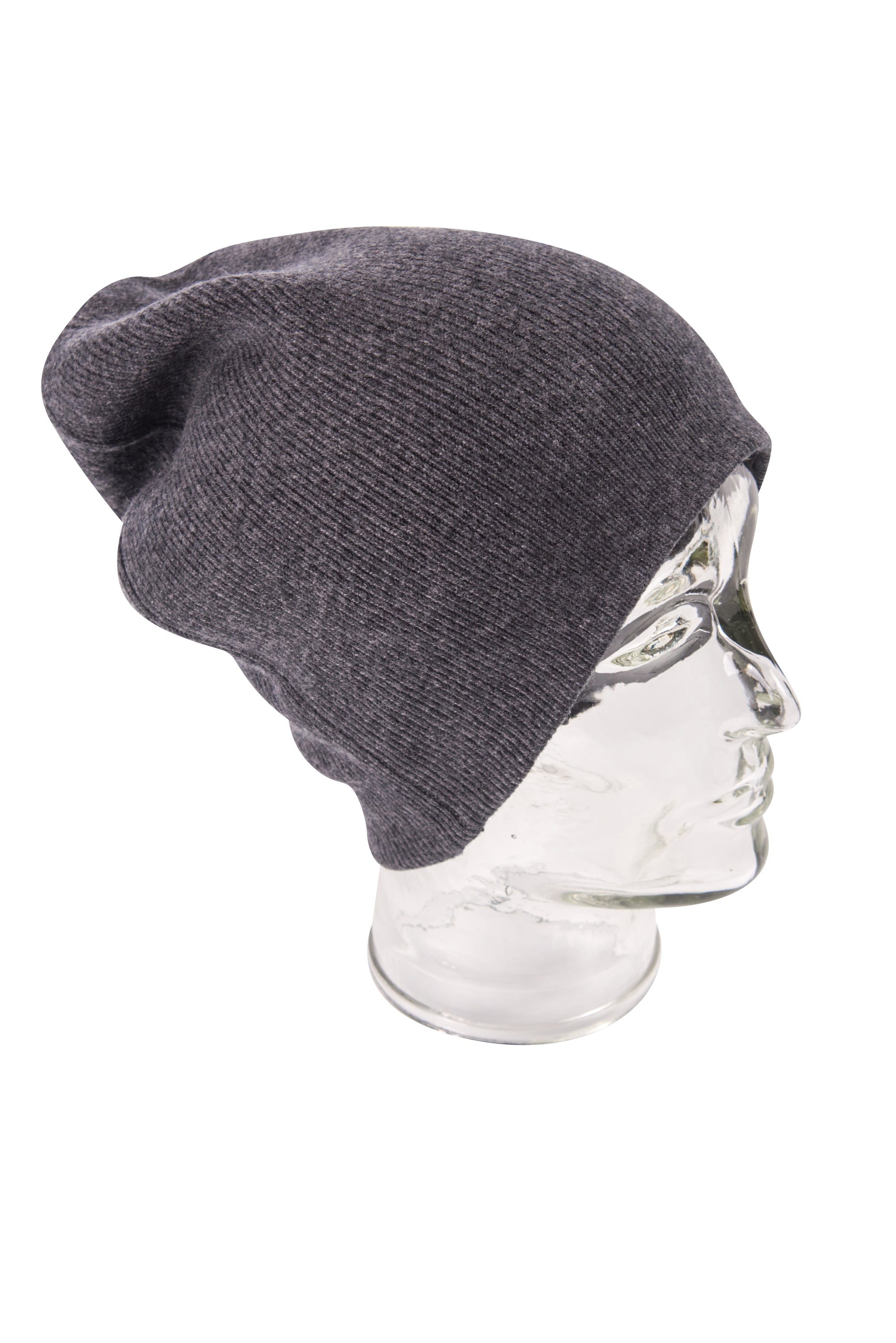 Elegante schwarzgraue Kaschmirmütze Beanie, leicht gerippt, handgewebt in Nepal, aus 100% Kaschmir, unisex Design.